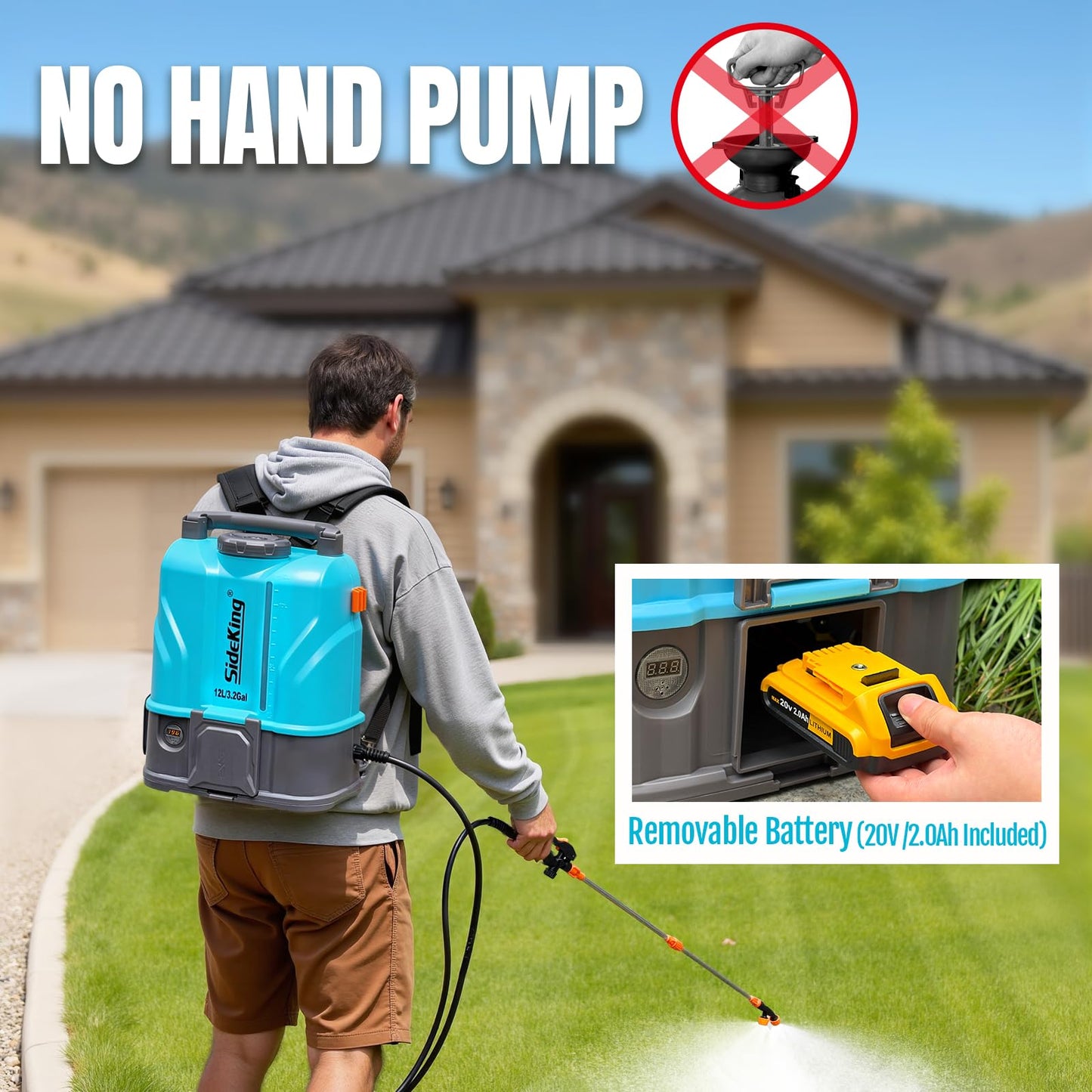 SideKing 3.2 Gallon Battery Powered Backpack Sprayer, 100 PSI Powerful Electric Sprayer Compatible with DeWalt 20V Battery, Max 0.9 GPM, 5 Nozzles & 2 Spray Wands for Lawn, Yard, Weed & Pest Control