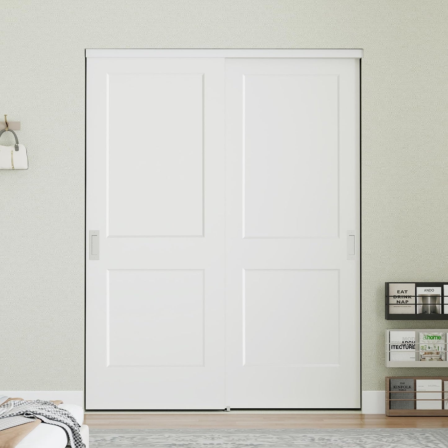 JUBEST 60in. x 80in. Bypass Closet Door, Flat 2 Panel Shaker Style White Primed Bypass Sliding Closet Door, Interior Doors with Hardware Kits Include, Pre-drilled, Paintable