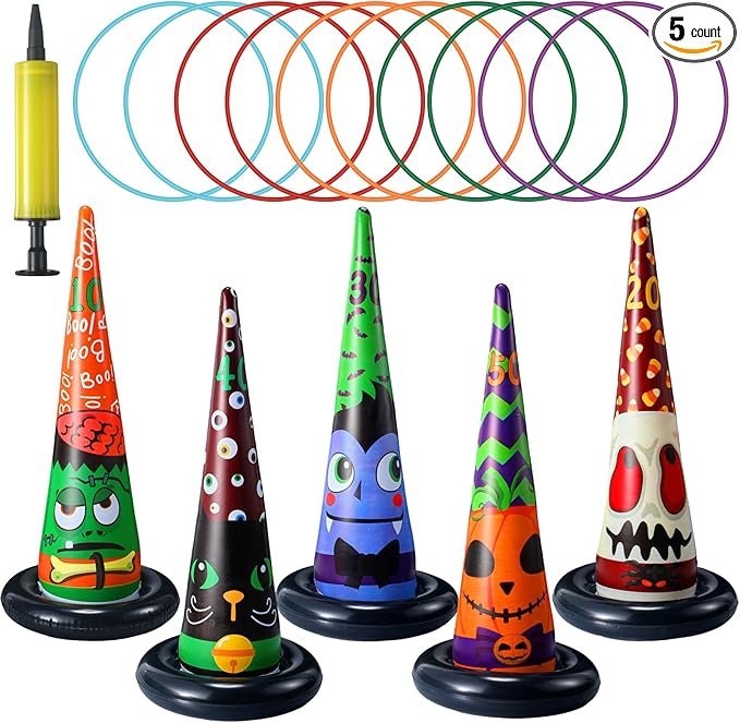 Capoda 16 Pcs Halloween Party Games Toys Inflatable Witch Hat Ring Toss Game with Plastic Toss Rings and Pump Halloween Indoor Outdoor Garden Game Supplies for Trick or Treat Family Games Decorations