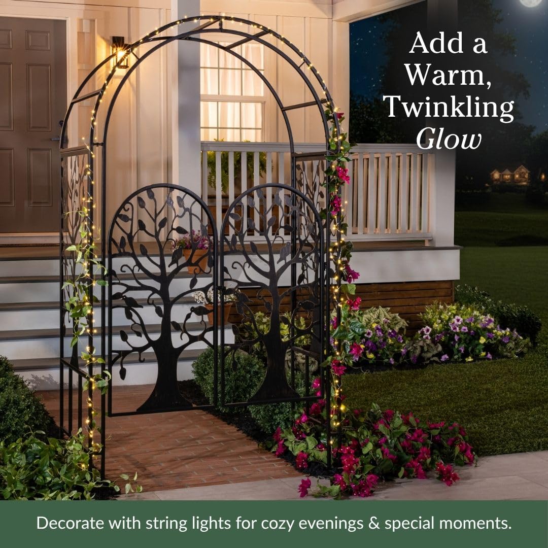 Plow & Hearth Arch Metal Outdoor Garden Arbor, 84 inches Tall, Iron Trellis Lattice for Climbing Plants, Wedding Arch, Outdoor Patio Décor (Tree of Life with Gate)