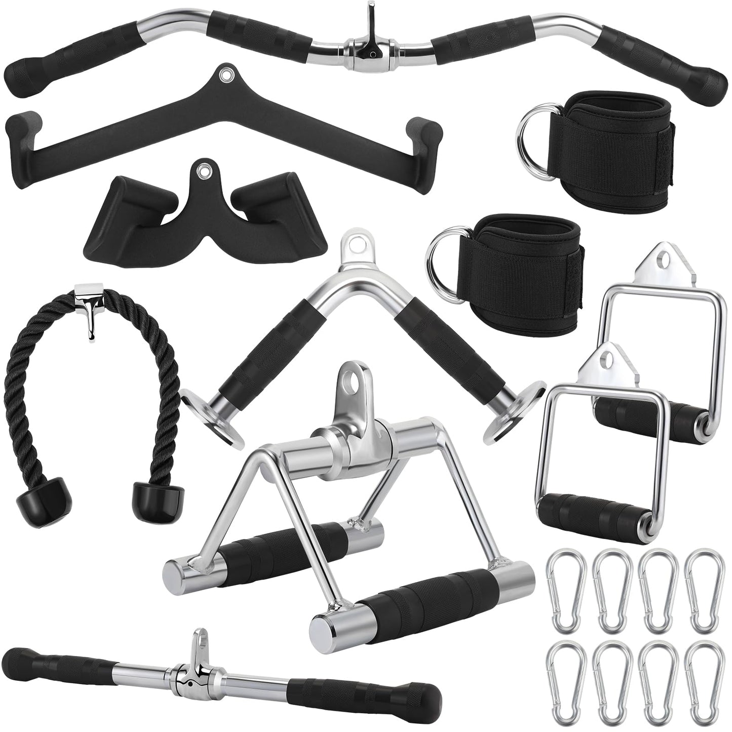 Junkin 19 Pieces LAT Pull Down Bars Cable Machine Attachments for Home Gym Triceps Rope Pull Down Equipment Weight Machine Accessories for Fitness Workout Strength Training