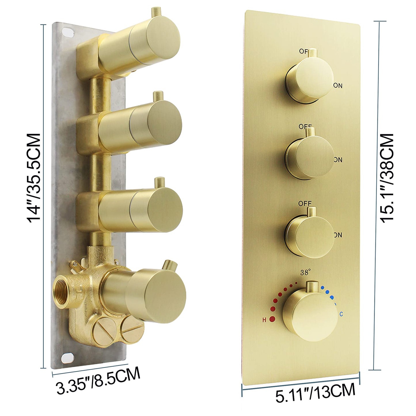 HOMEDEC 3 Function Shower Mixing Valve and Trim Kit, Brushed Gold 3 Ways Thermostatic Valve Flow Volume Control Vertical Shower Diverter Selector