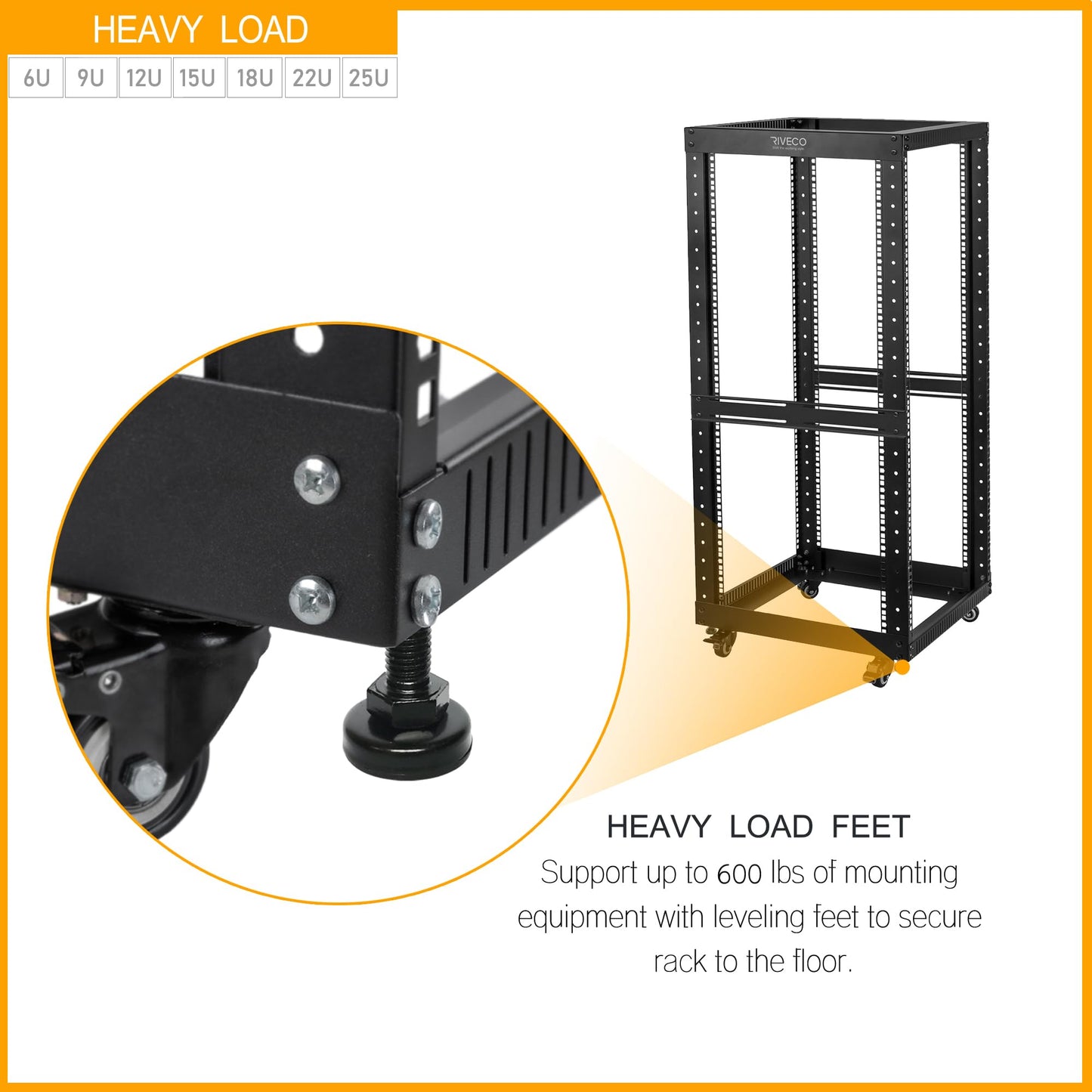 RIVECO 22U Open Frame Server Rack with Wheels- Heavy Duty 4 Post Quick Assembly 19-inch, Stereo Rack Rolling Network Shelf Black