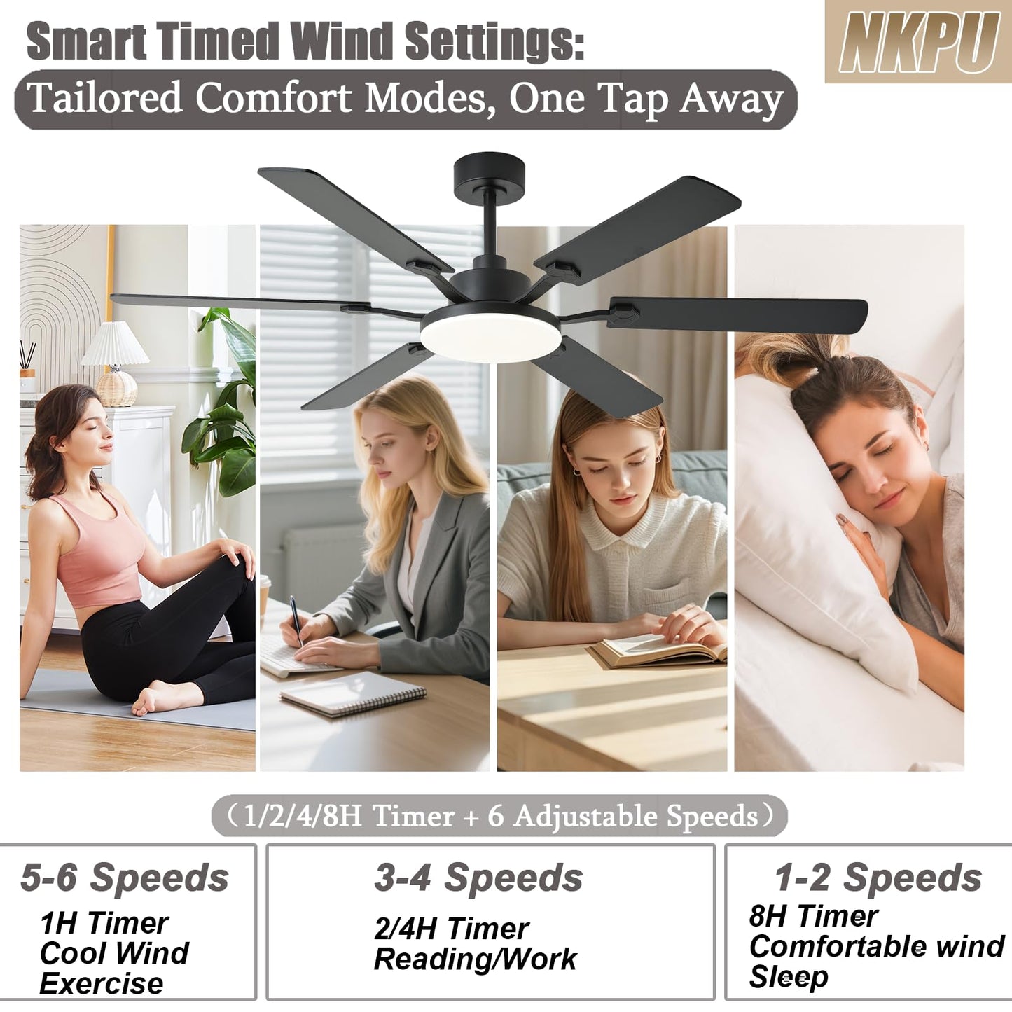 60 Inch Ceiling Fans with Lights, Large Modern Black Ceiling Fan with Light and Remote Control, 6 Double Sided Blades, 6 Speed Reversible Motor, Dimmable LED, Silent Timing, Indoor Outdoor Patio Use