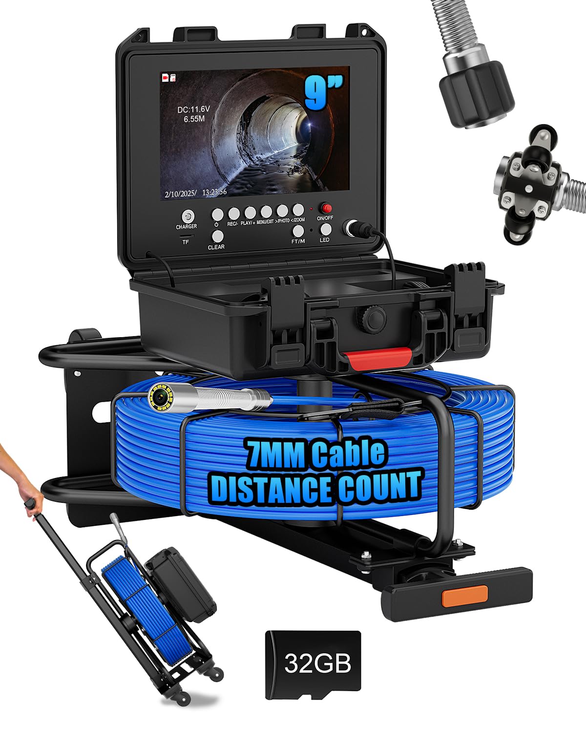 Sewer Camera Self Leveling 9'' with 512Hz Sonde & Meter Counter, 100ft Drain Inspection Camera w/ 7MM Cable, 12 LEDs, 23MM 1080P Self Leveling Probe, Waterproof 32GB DVR Pipe Endoscope for Plumbing