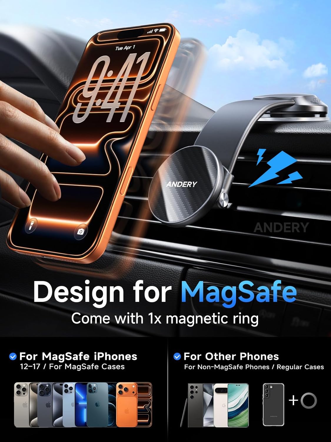 ANDERY [360 2400gf Car Phone Holder for MagSafe Adjustable Memory Alloy Arm | Strongest Magnetic Power] Bendable Car