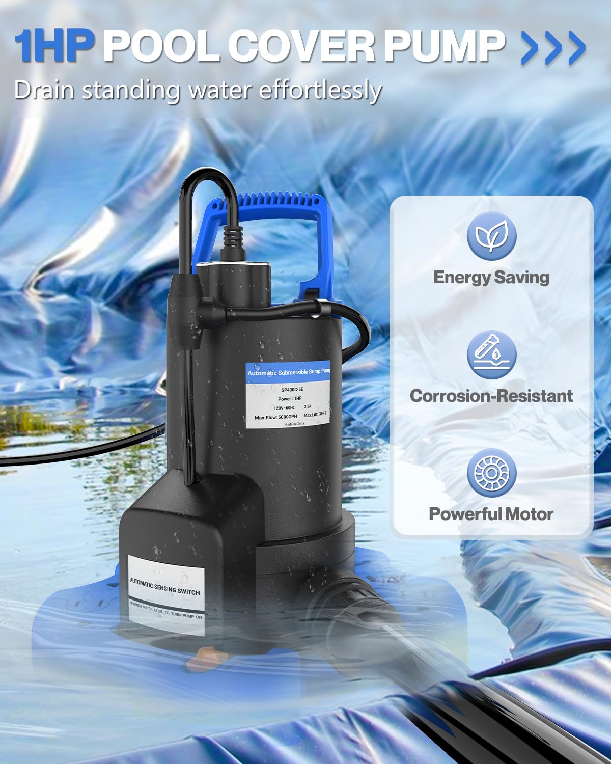 Automatic Pool Cover Pump - 1 HP 5000 GPH Submersible Water Pump with Check Valve and 3 Adapters, 29.5FT Cord for Pumps Above Ground Automatic On/Off System, Sump Pump for Basement Floods, Pond Pump