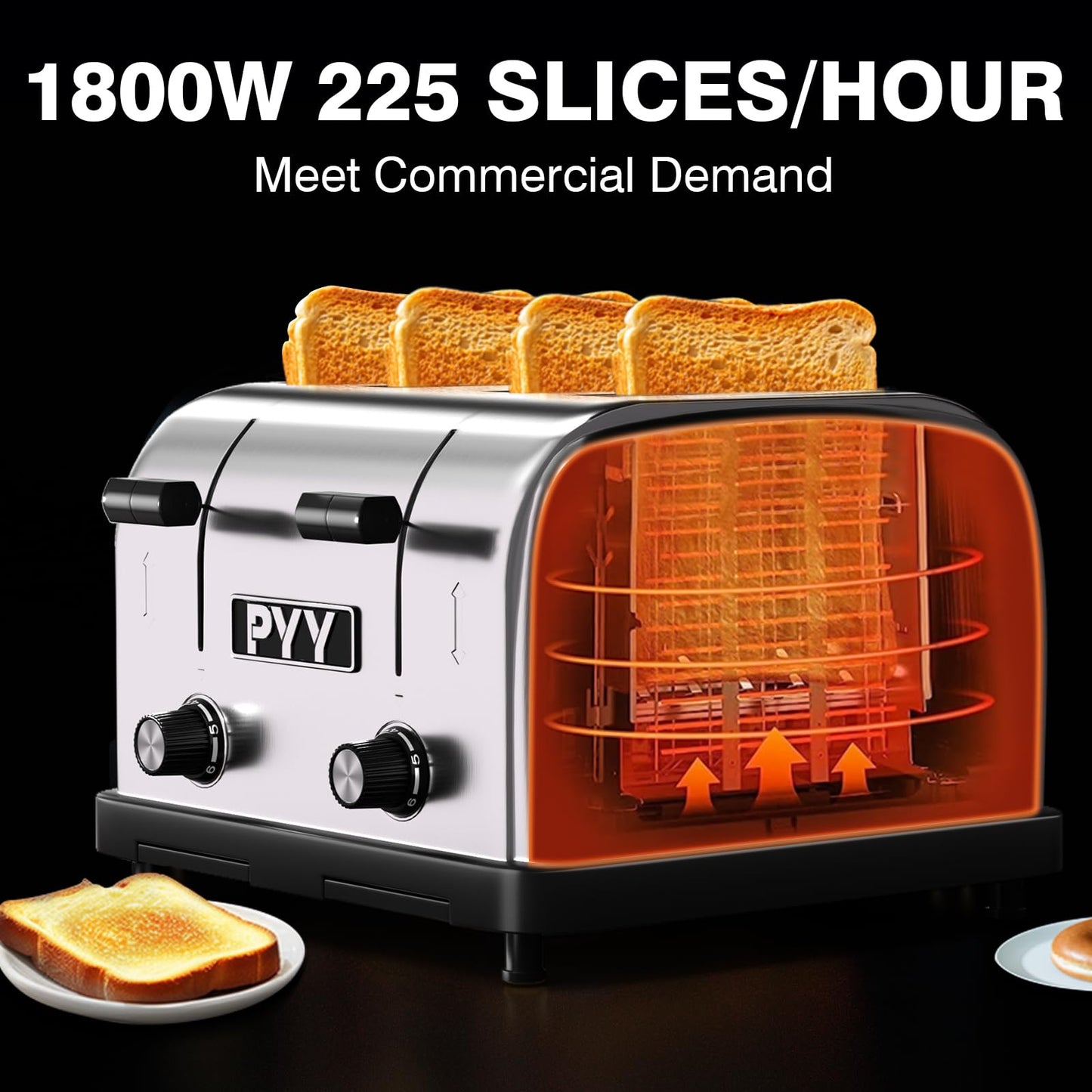 PYY 4 Slice Toaster - 1800W Stainless Steel Heavy Duty Toaster