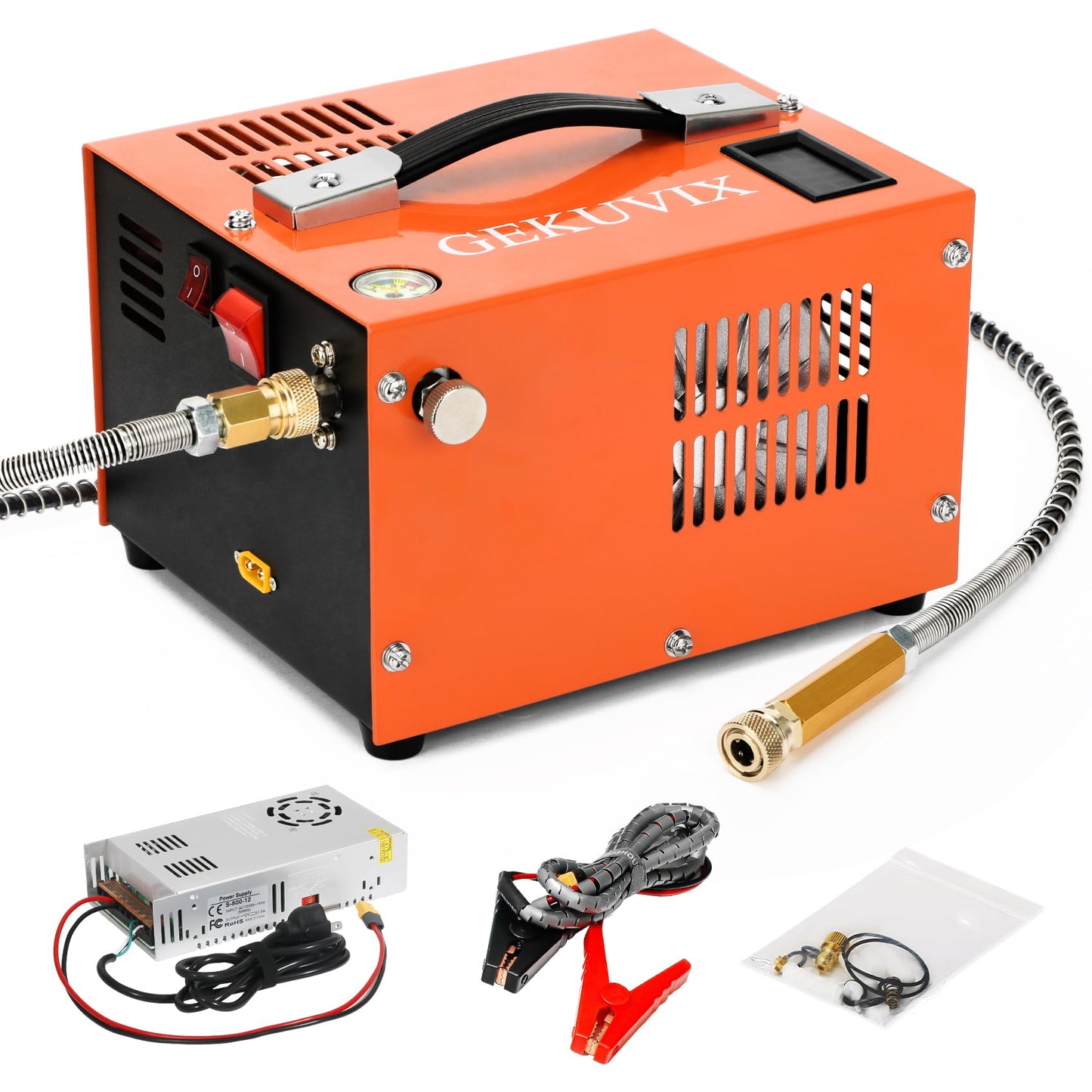 Portable PCP Air Compressor, 4500PSI/30MPa Water & Oil-Free,12V DC/110V AC Dual Power with Power Converter, Built-in Cooling Fan, High Pressure Air Pump for Airguns, Paintball Tank