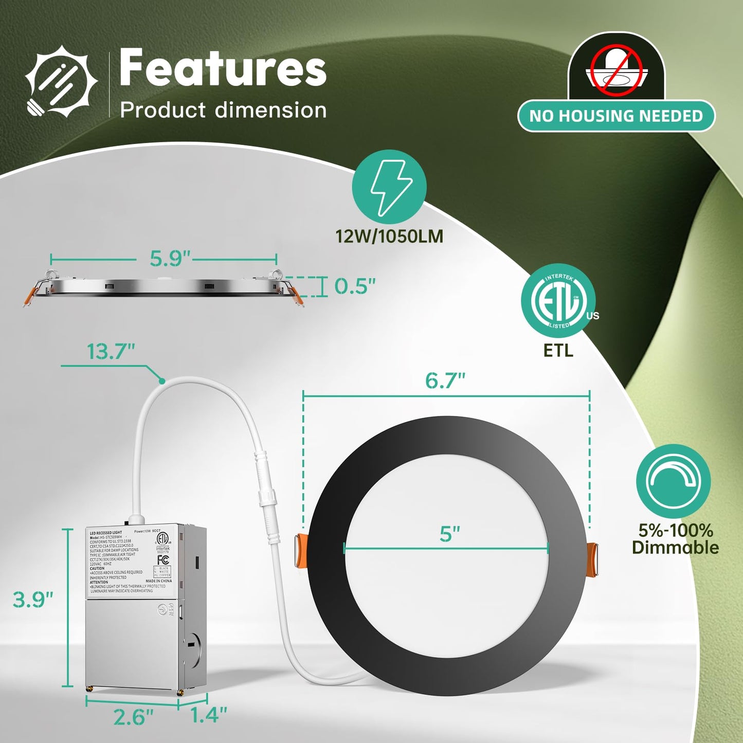 FREELICHT 24 Pack 6 Inch 5CCT Ultra-Thin LED Recessed Ceiling Light with Junction Box, 2700K-5000K Selectable, 1050LM Brightness, Dimmable Canless Wafer Downlight, 12WEqv110W-ETL&FCC,Black