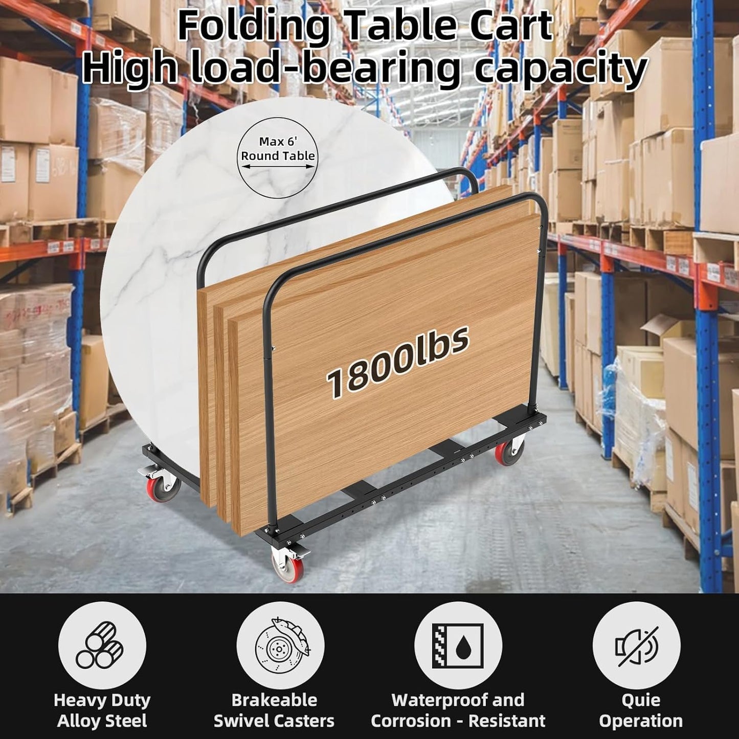 Folding Table Cart, Heavy Duty Drywall Cart 1800 LB & 10 Table Capacity, Table Dolly with 5" PU Swivel Wheels for Moving Box, Wood, Drywall, Panel, Party Events, Factory, Warehouse