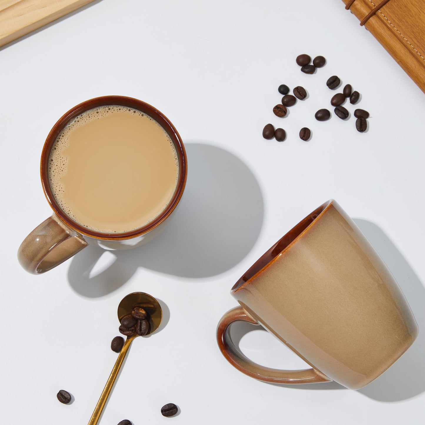 Pokini Coffee Mug 14 oz, Ceramic Coffee Mugs Set of 4, Reactive Glaze Mug for Latte/Tea/Cappuccino, Large Stackable Mug Set for Men, Women, Dad, Mom, Dishwasher & Microwave Safe, Brown Yellow