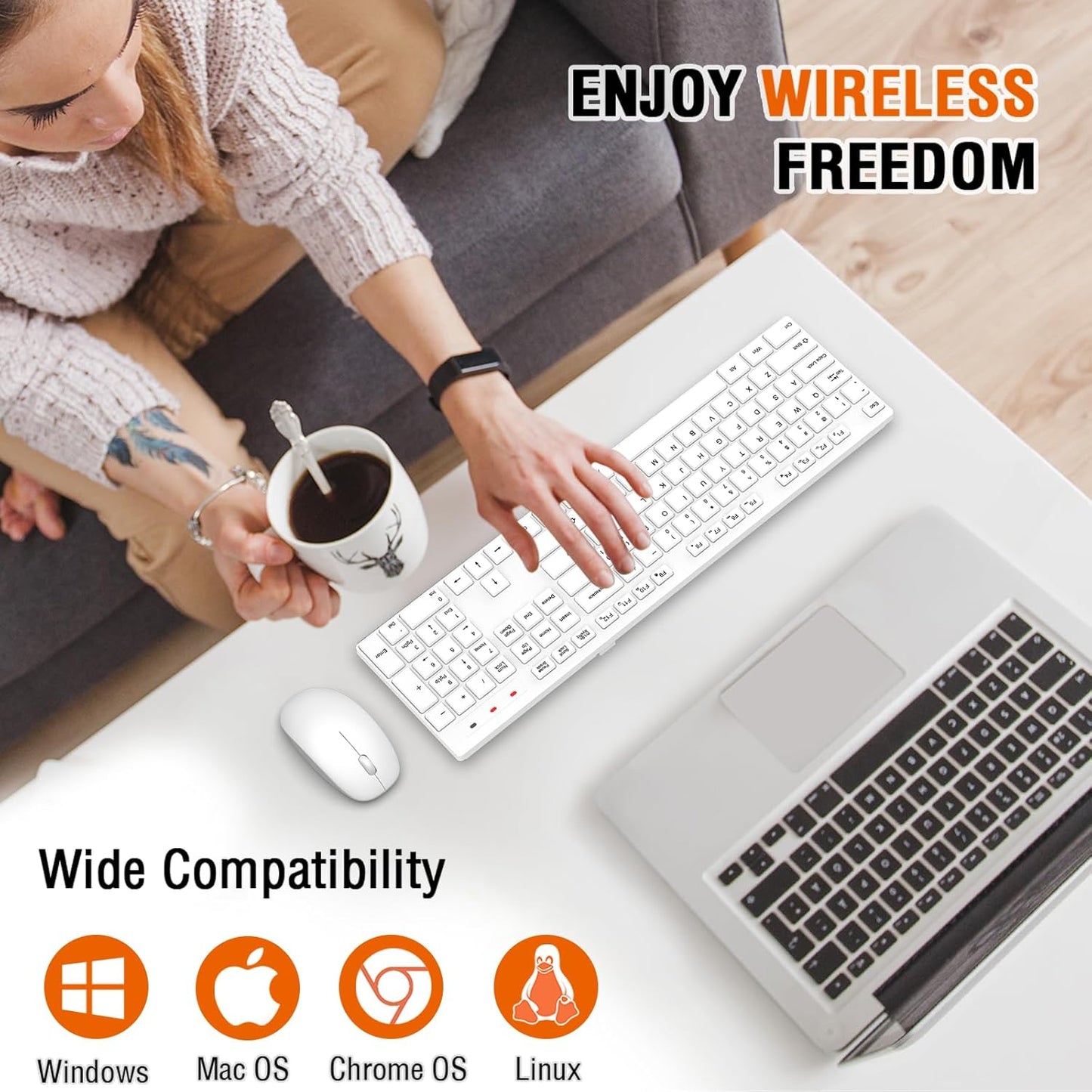 EDJO 2.4GHz 1 Pack) Wireless Keyboard and Mouse Combo, Silent Full Size Cordless USB Keyboard Mouse, Lag-Free, Long