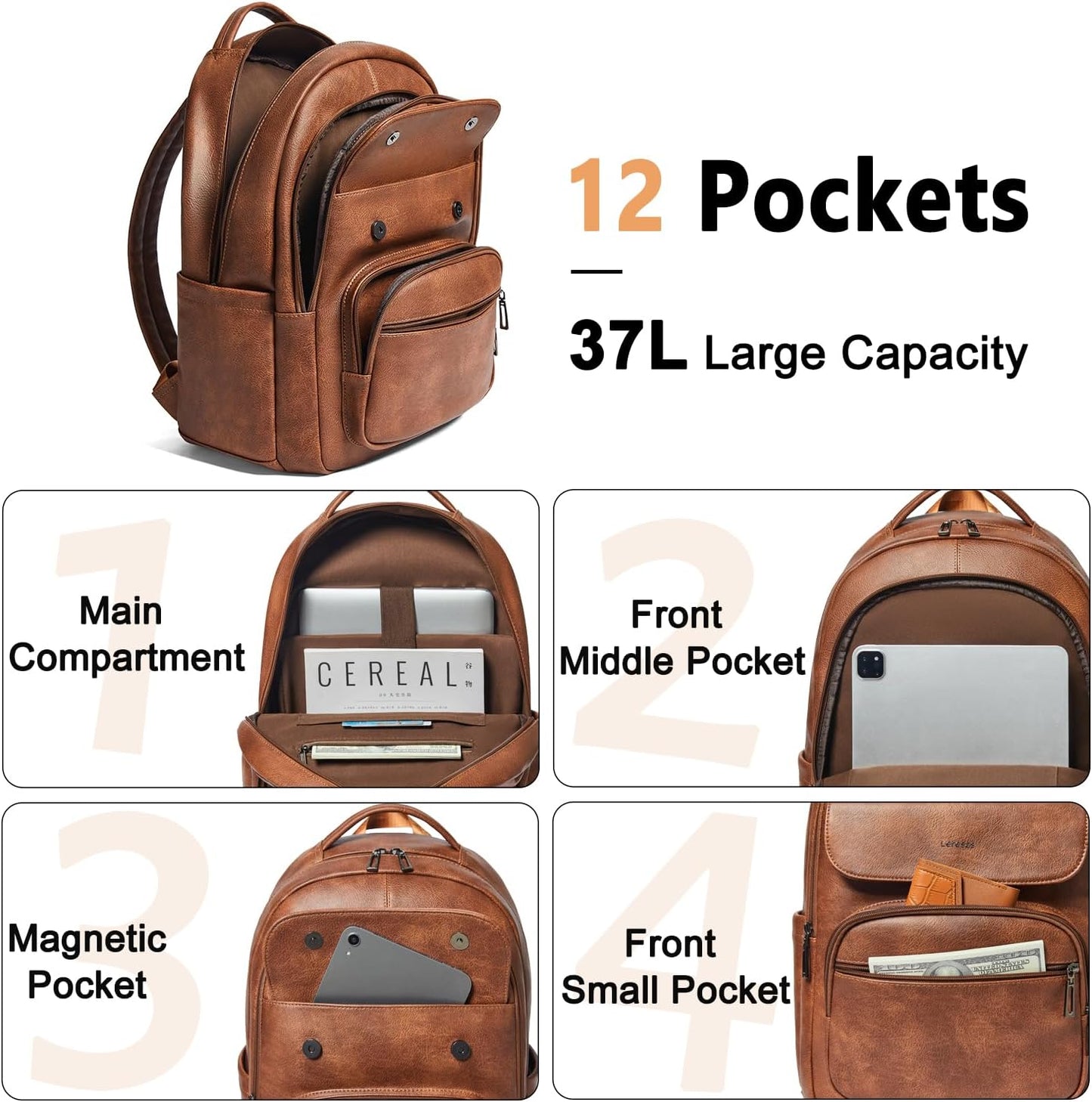 37L Backpack Backpack BackPack Daypack Backpack Leresas Vegan Leather Purse for Women Mens Travel Work Laptop Teacher