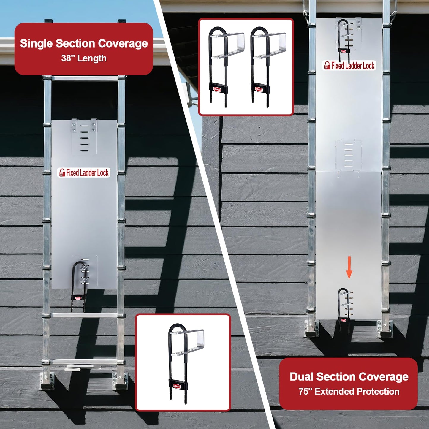 Upgraded 2-Section Anti-Climb Fixed Ladder Safety Guard – Covers 38"-75" Ladder with 2 Locking Mechanisms, Heavy Duty Roof Hatch Access Outdoor Ladder Lockout Safety Device