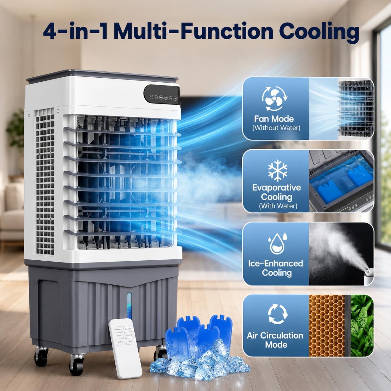 2500 CFM Swamp Cooler, Portable Evaporative Air Cooler with 8.3 Gal Water Tank, 4 Ice Packs, 120 Degree Oscillation, 3 Speeds, 12H Timer, Remote Fan for Large Room Garage