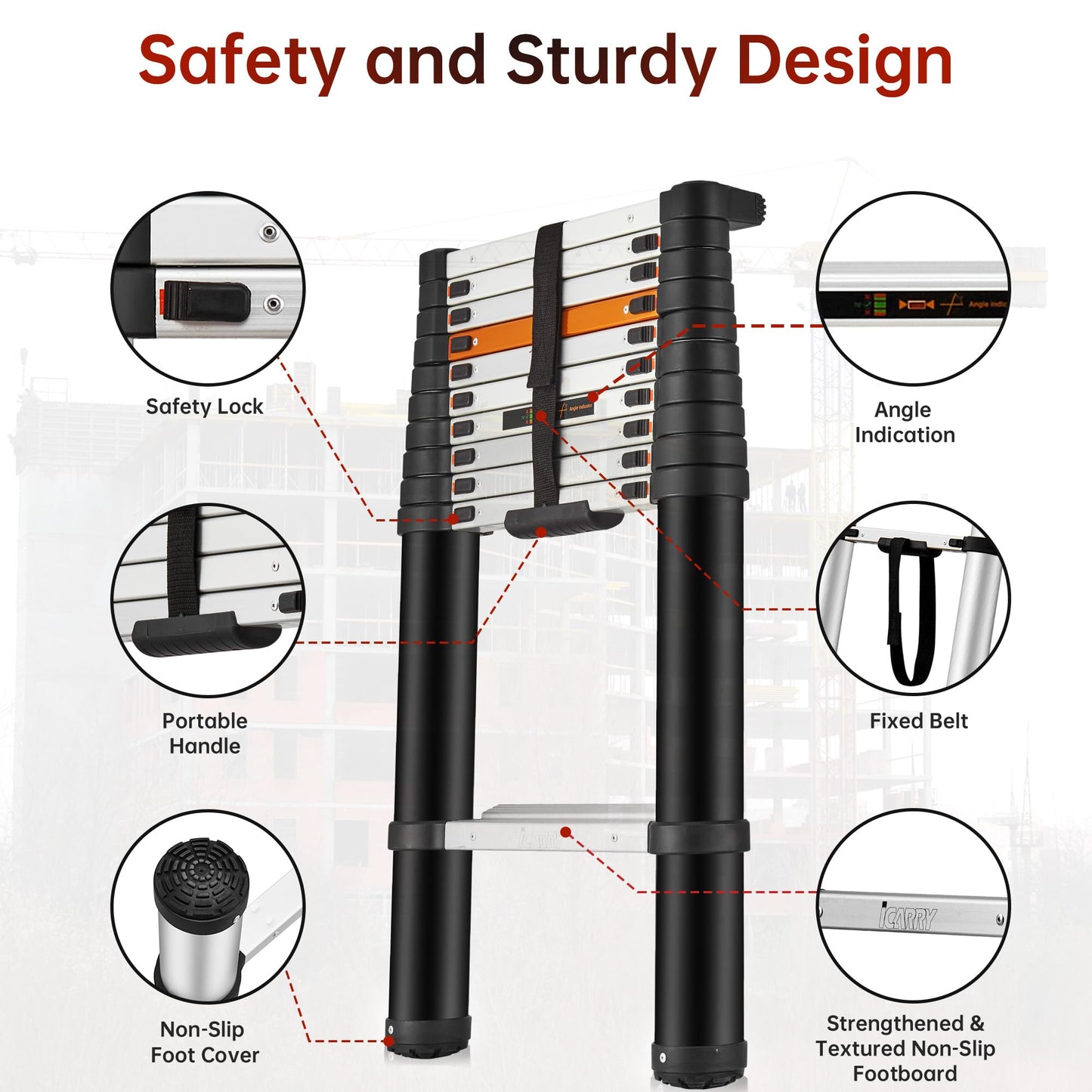 ICARRY Telescoping Ladder 10.8 FT Aluminum Ladder, 300lb Capacity Safety Extension Ladder, Soft Close Collapsible Ladder with Non-Slip Feet, Multi-Purpose Compact Ladder for Home, RV, Loft