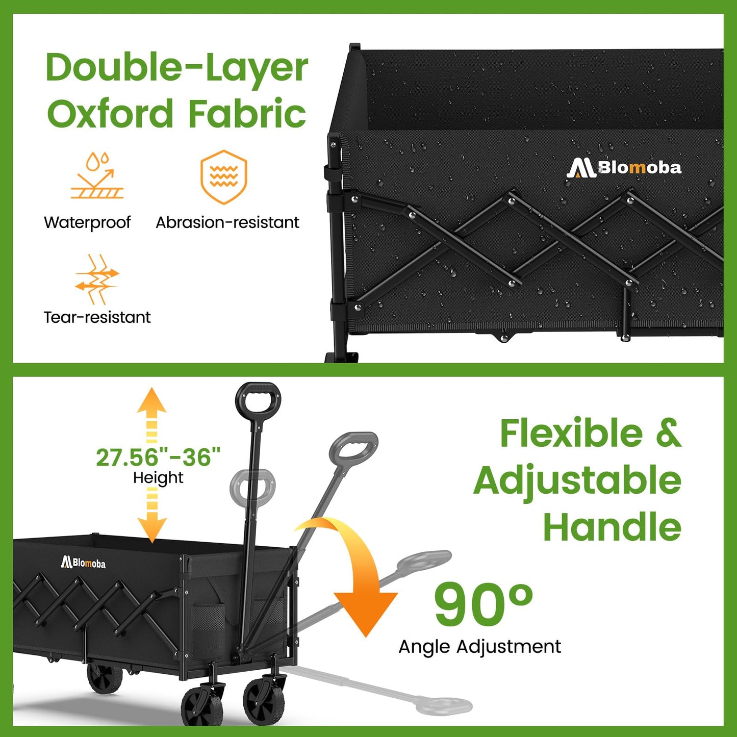Blomoba 35'' Extra Long Collapsible Wagon with Adjustable Handle, Lightweight Folding Wagon with 360° Swivel Wheels, 220 LBS Portable Utility Cart for Garden, Sports, Grocery, Shopping, Camping, Black