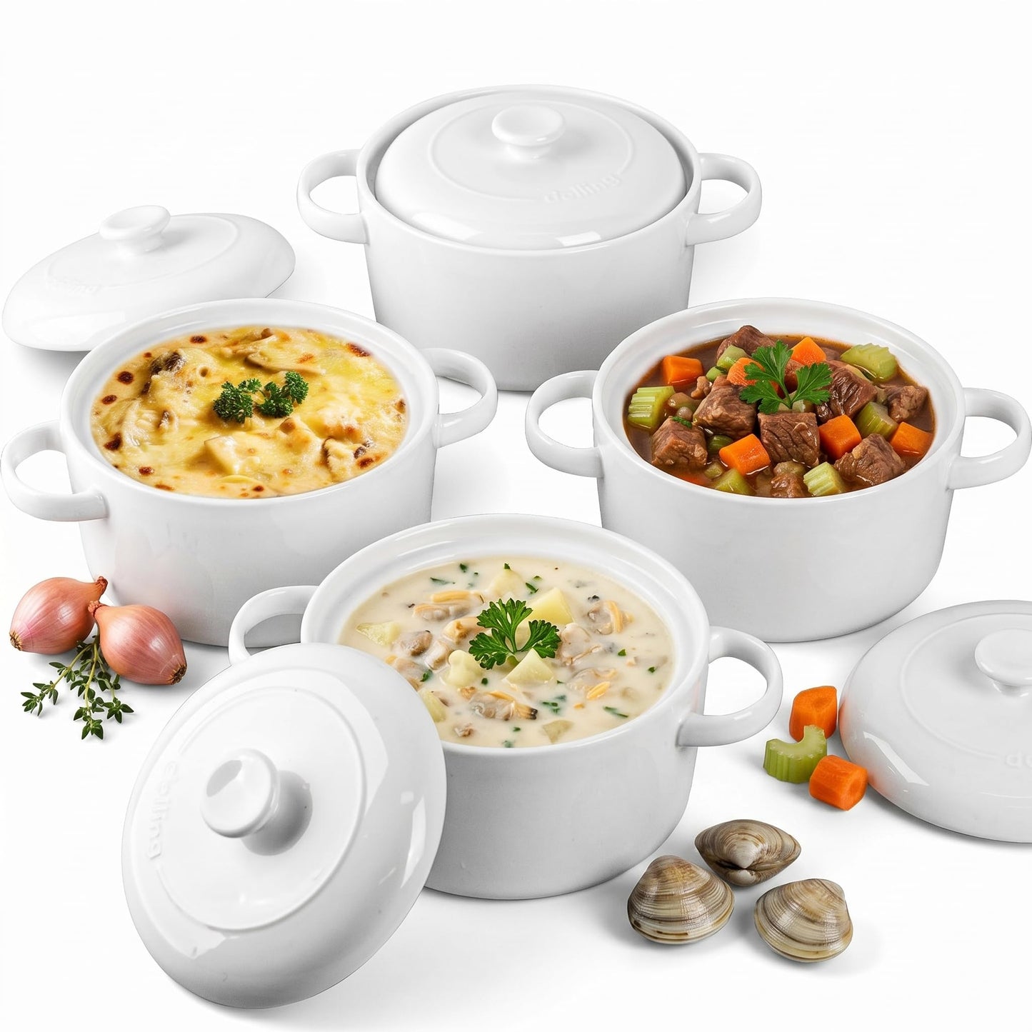 DELLING 28 Oz Soup Bowls with Handles and Lids Set of 4, Ceramic French Onion Soup Crocks Oven Safe - Large Soup Mugs for Chili Beef Stew Cereal Pot Pie, Microwave Safe, White