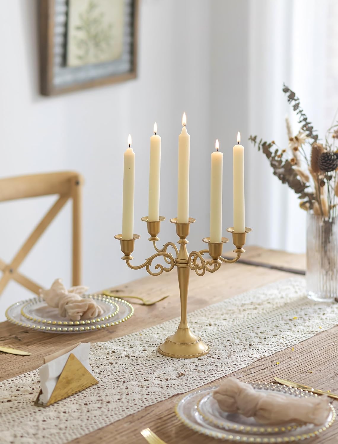 Sziqiqi Gold Candelabra | 10-Inch Table Centerpiece Candle Holder for Taper Candles - 5 Arms Design