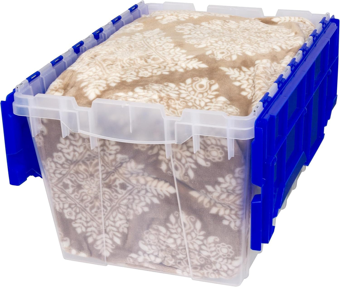 Akro-Mils KeepBox 12 Gallon Storage Container, Nesting and Stackable Plastic Storage Box with Lid Attached, Clear Tote for Garages, Closets, and Moving, 21-1/2" x 15" x 12-1/2", Clear/Blue, 6-Pack