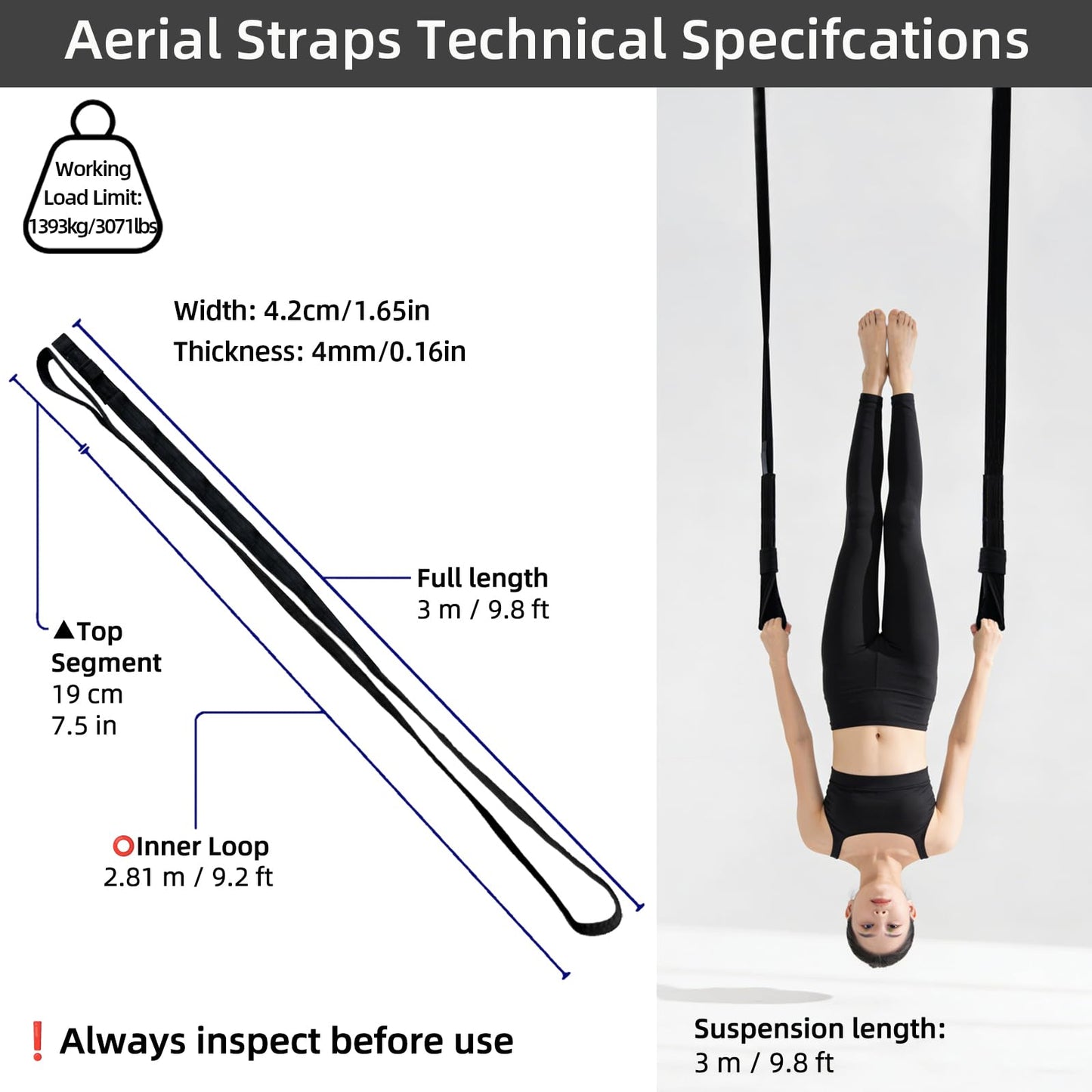 PRIOR FITNESS Aerial Straps Kit, 3m/9.8ft Velvet Covers, SGS Certificate Aerial Yoga Ropes for Trapeze, Acrobtic Circus Props & Fitness with Wrist Lockers, and Carabiners (1 pairs)