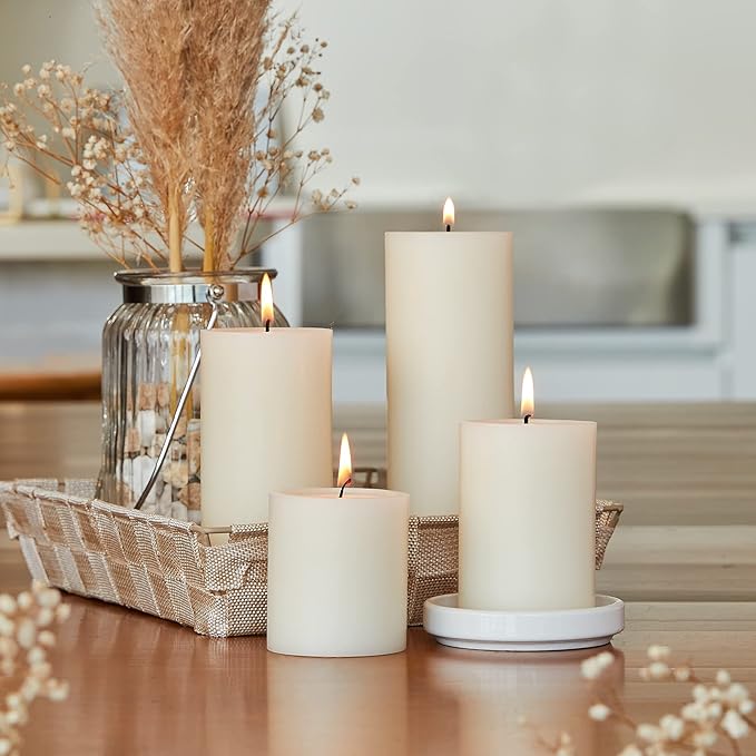 Simply Soson 3x4 inch Ivory Pillar Candles Set of 6, Smooth Texture, Unscented Ivory Candles, Dripless Candles, 3 inch Pillar Candles Ideal as Wedding, Parties, Spas, Dinner, Home Decoration, Church