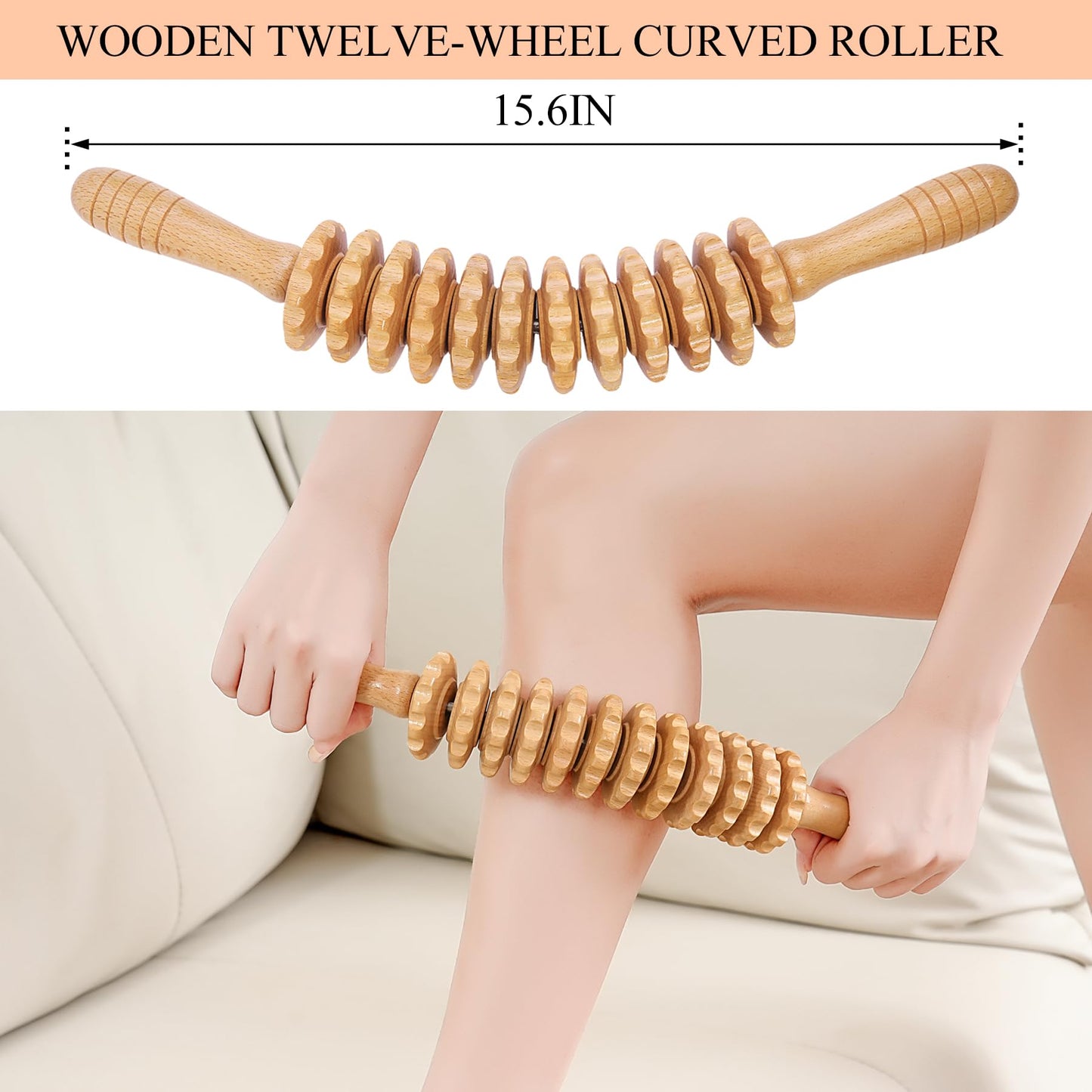 Xokocli Cellulite Massage Tool Deep Tissue Massage Stick Wood Therapy Massage Tools Fascia Blaster Lymphatic Drainage Massager for Legs Thighs Muscle Relief Recovery(White 12-Wheel)