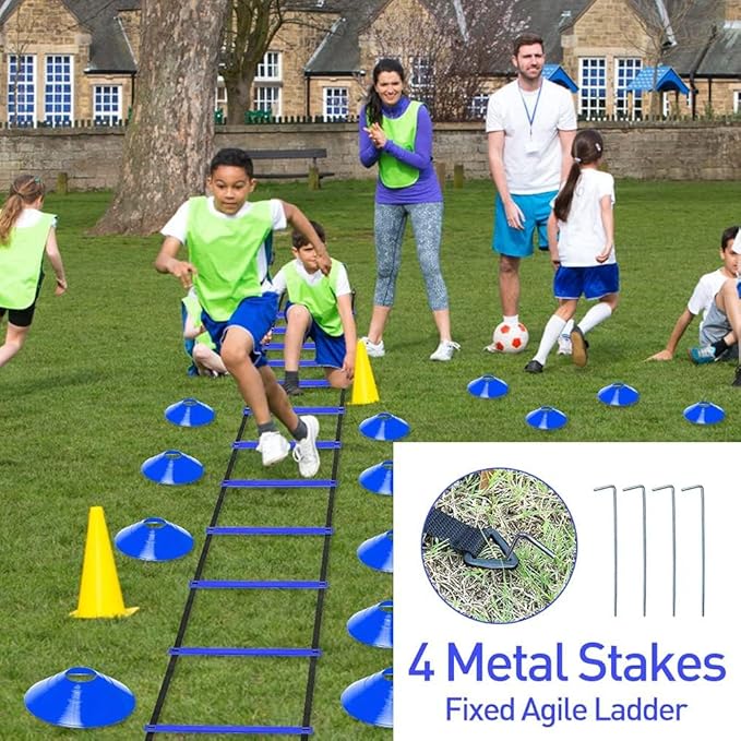 Pro Speed & Agility Training Set—Includes 12 Rung 20ft Adjustable Agility Ladder with Carrying Bag, 12 Disc Cones, 4 Steel Stakes, 1 Resistance Parachute, Use Equipment to Improve Footwork Any Sport