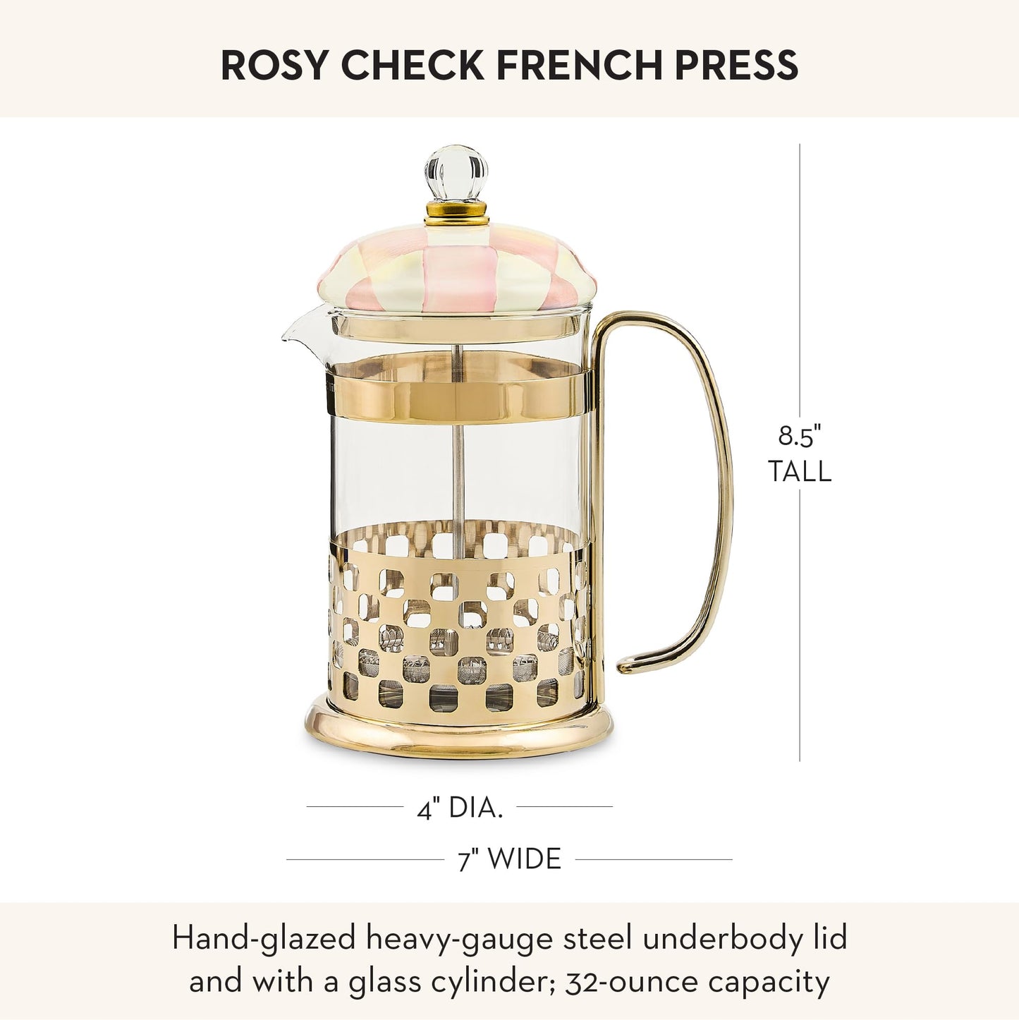 MACKENZIE-CHILDS Coffee French Press, Glass French-Press Coffee Maker, 32-Ounce Capacity, Pink-and-White Rosy Check
