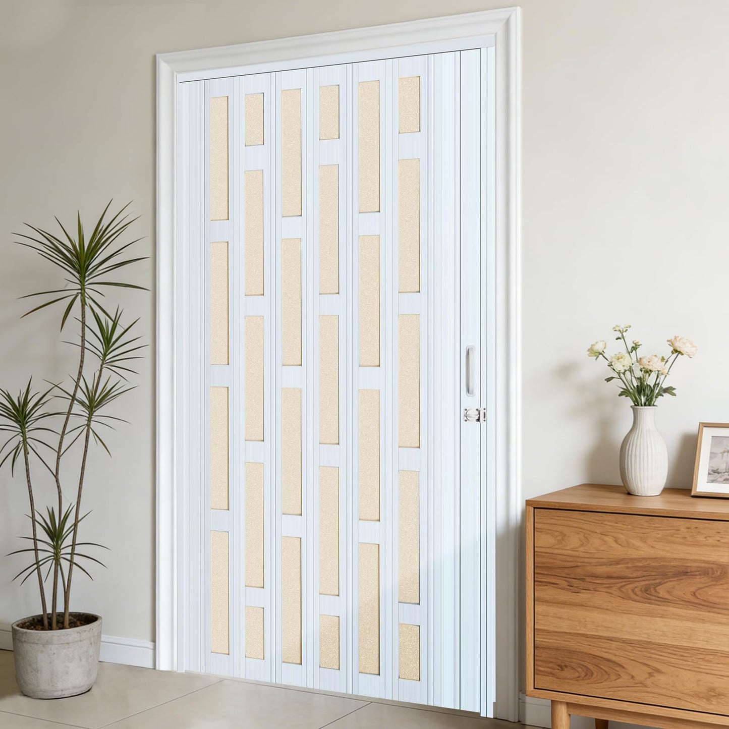 DIYHD 48X80in Glass Accordion Door with Latch&Handle, Double-Layer Thickened PVC Folding Interior Door with Frosted Acrylic - Blocks Views, Lets Light In, Easy Install for Closet, Utility&Room Divider