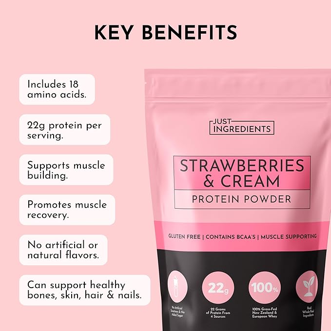JUST INGREDIENTS Strawberries & Cream Protein Powder ??20-Serving Blend with 100% Grass-Fed Whey & Organic Plant Proteins ??Real Strawberry Flavor ??Supports Muscle Recovery, Energy*