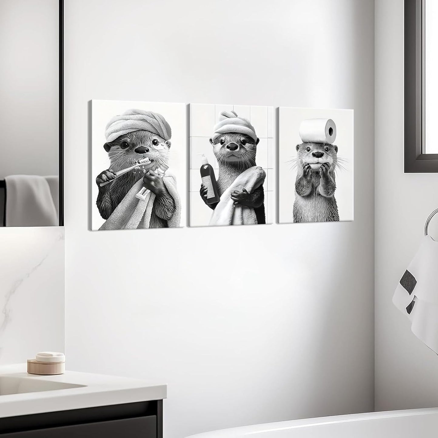 Otter Canvas Wall Art Set by Cute Bathroom | Funny Black and White Decor for Restroom | Ready to Hang 12x16 Inch