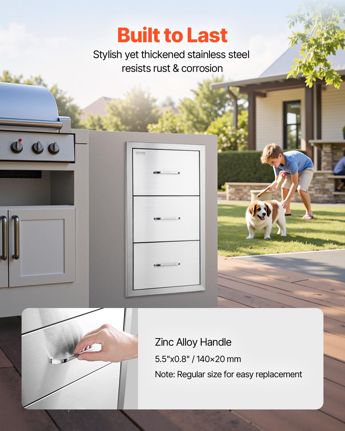 VEVOR Outdoor Kitchen Drawers 17W x 30H x 21D Inch, Outdoor Kitchen Cabinets, Stainless Steel Double Access Drawers, with Paper Towel Holder, Combo for BBQ Island Drawers or Grill Station
