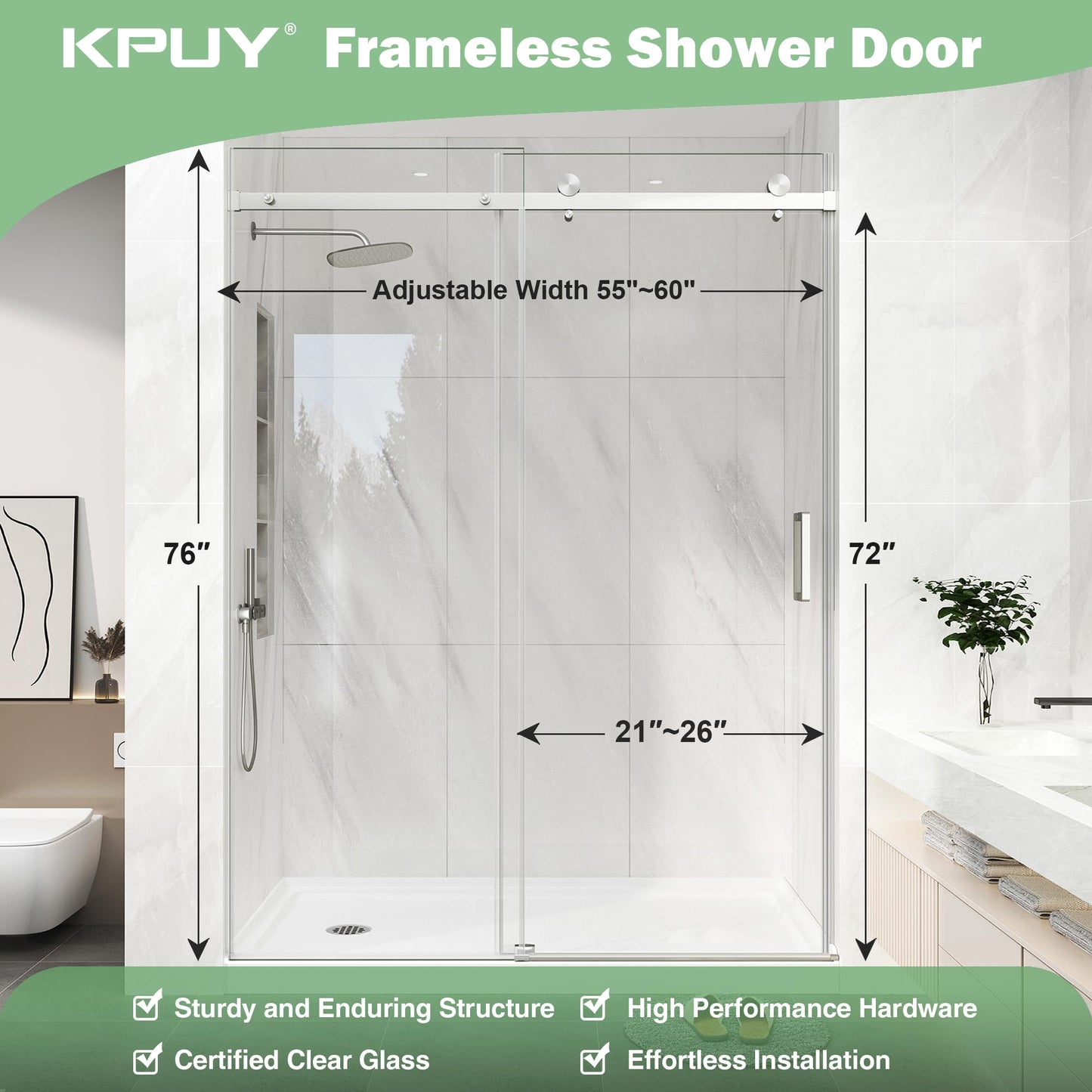KPUY Frameless Shower Door, 55-60" W x 76" H Sliding Glass Shower Door, 1/4" (6mm) Thick Tempered Clear Glass with Explosion-Proof Film Nano Coating, Brushed Nickle