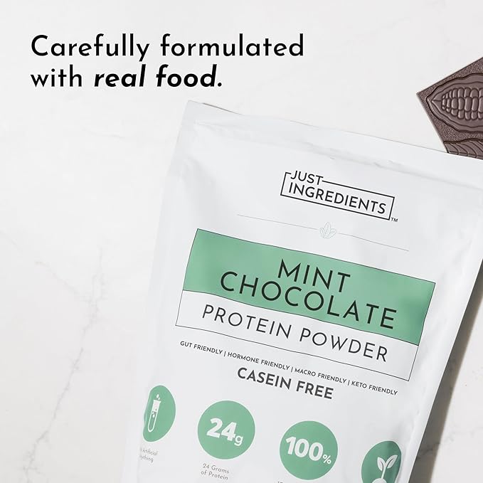 JUST INGREDIENTS Mint Chocolate Protein Powder ??30 Serving Bag ??Grass-Fed Whey & Plant Protein Blend with Real Cocoa & Peppermint ?“Sweetened, Non-GMO, Gluten-Free, No Artificial Flavors