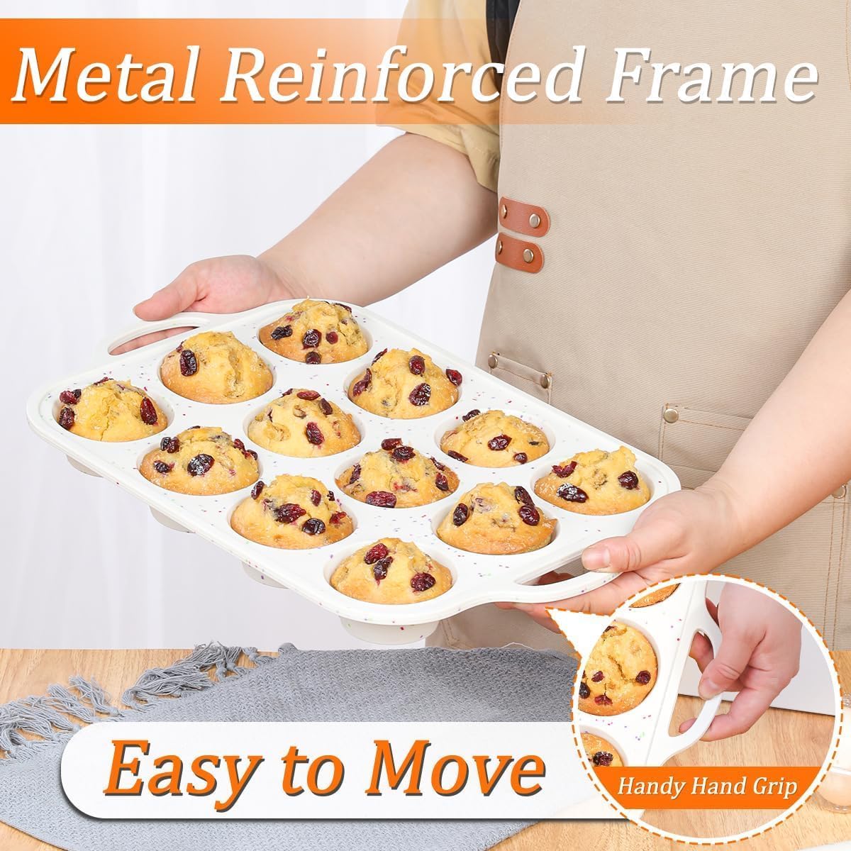 Skiennix Silicone Muffin Pans - Nonstick 12-Cup Molds with Metal Reinforced Frame | 2.8 Inch, BPA Free, Dishwasher Safe