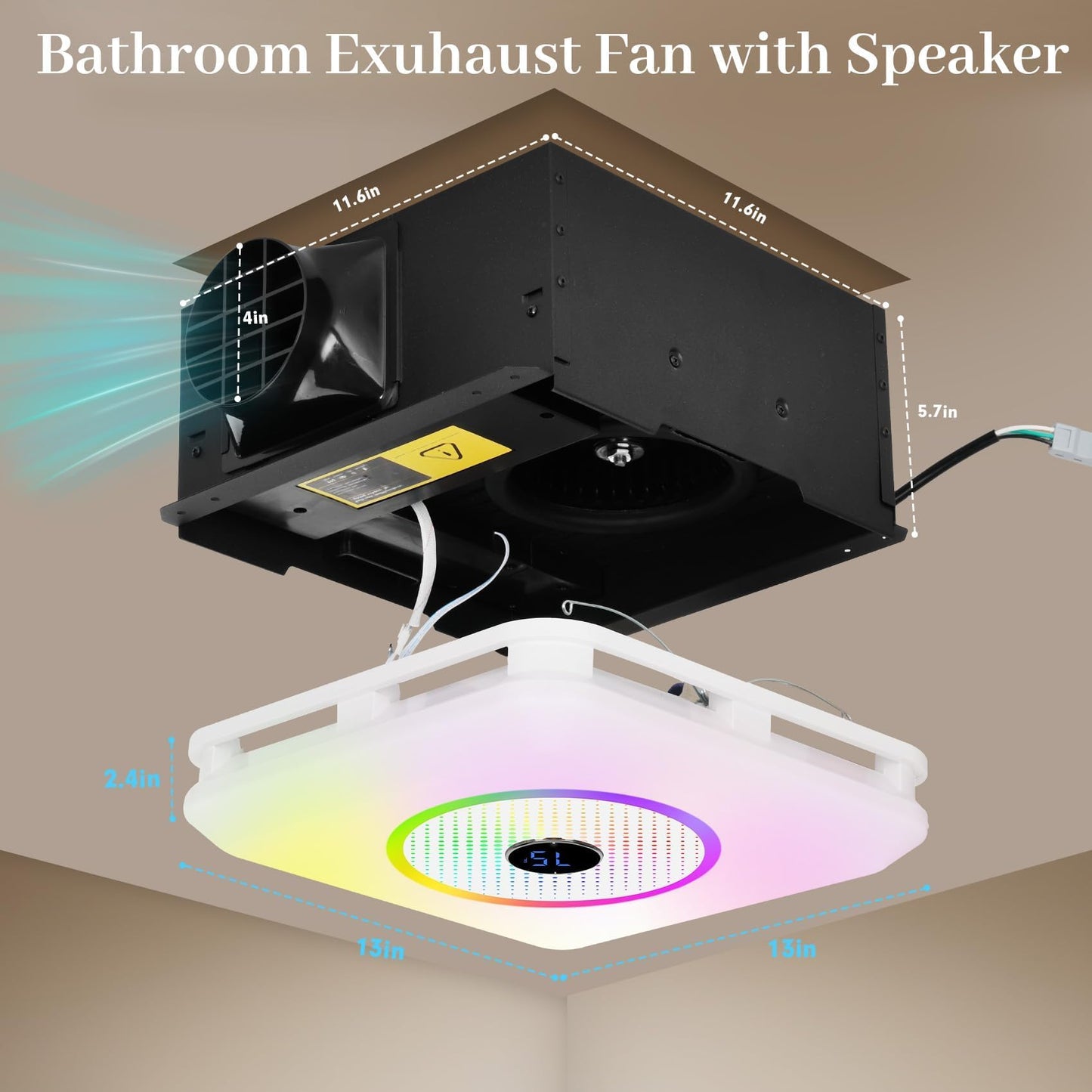 Orsong Bathroom Exhaust Fan with Bluetooth Speaker, 7 Dynamic RGB Lighting, 3000K-6000K Adjustable LED Lighting, Precise Algorithm Enables Seamless Dance Between Light And Music