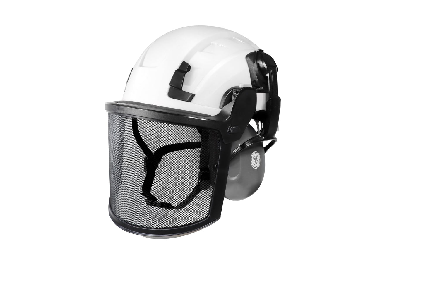 Complete Safety Gear Set: GE Safety Helmet, Full Face Mesh Visor Kit & Cap Mounted Earmuff – Impact Protection | Noise Reduction | Enhanced Comfort for Construction and Industrial Work. (White)