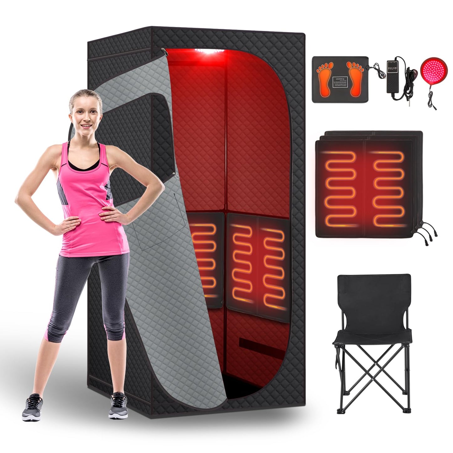 Fulove Portable Infrared Sauna Room, Dry Sauna Tent for Detoxification and Relaxation with Red Light Therapy and Folding Chair, 9 Levels, 32″×35″×71″