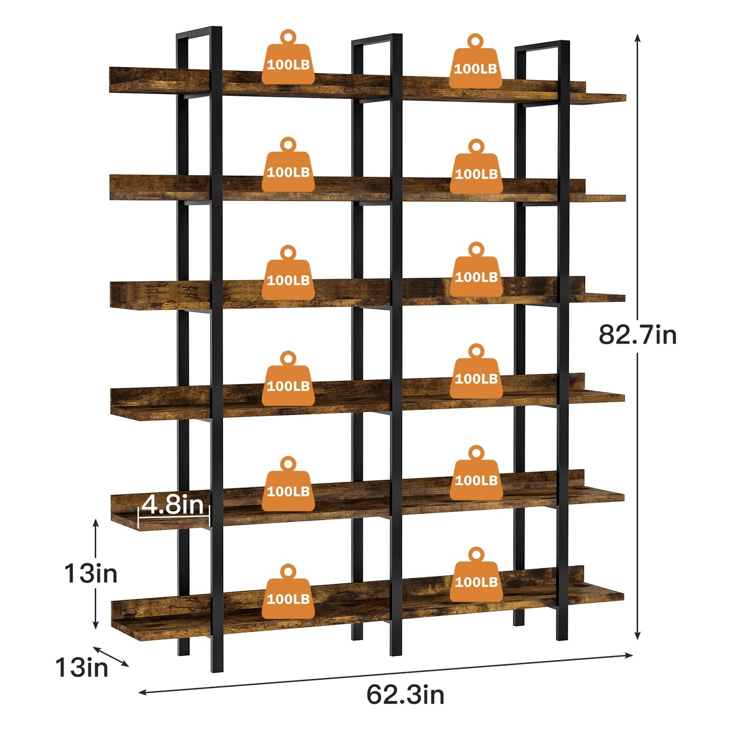 FRAPOW 83Inch Industrial Bookshelf and Bookcase, Double Wide 6 Tier Large Vintage Book Shelf with Metal Frame Open Bookshelves for Living Room Home Office