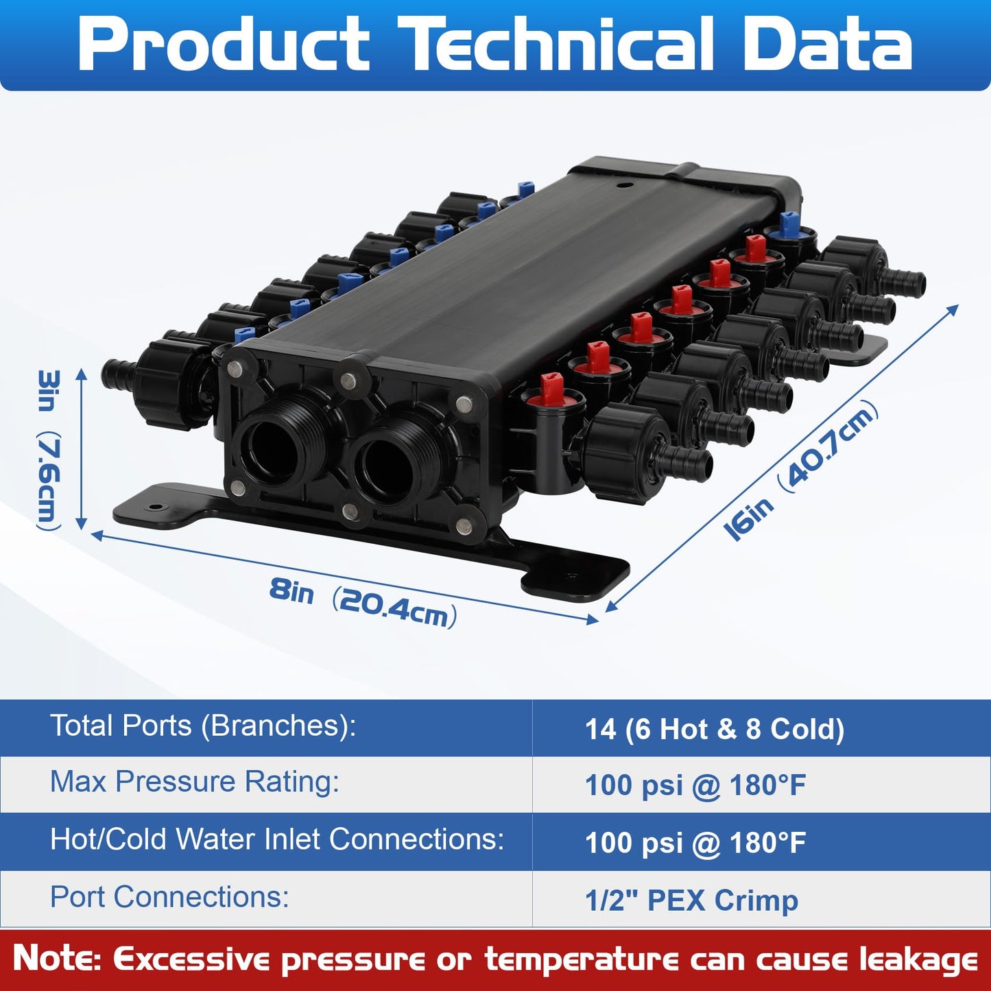 50143 Pex Manifold Compatible with Viega Manabloc, Homerun Distribution Pex Manifold with Valves, 1/2-Inch Zero Lead Poly Alloy PEX Crimp With 14 Ports Adapters(8 Cold, 6 Hot),Suitable for crimping