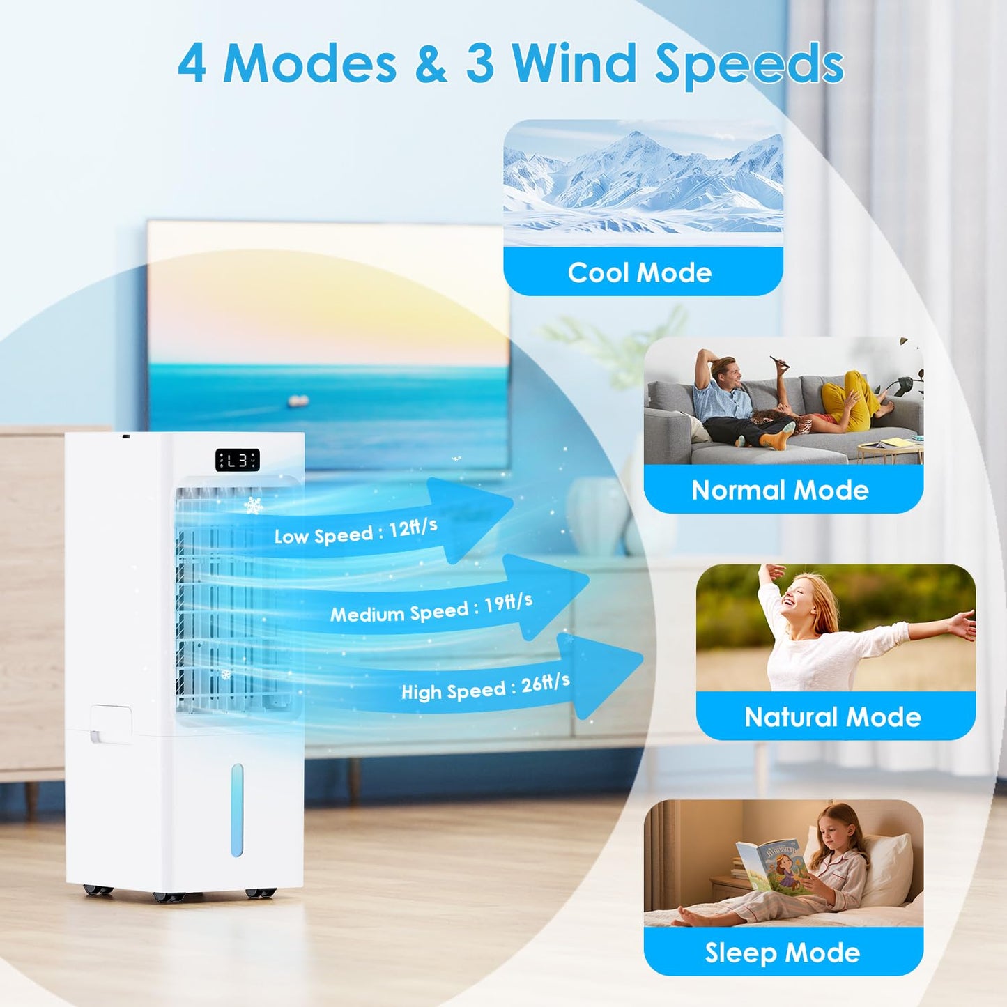 Windowless Portable Air Conditioners, 6L Swamp Cooler, 3-IN-1 Evaporative Air Cooler with 4 Ice Packs, 4 Modes & 3 Speeds, Auto Oscillating, 12H Timer, Remote, Quiet Cooling Fan for Home