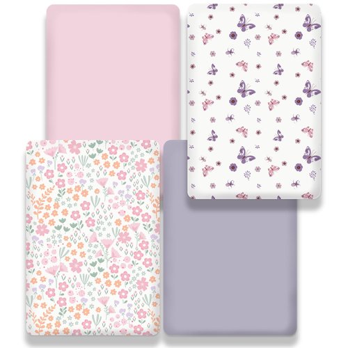 Little Grape Land Mini Crib Sheets 4 Pack, Pack n Play Sheets Fitted 38 x 26 for Boys and Girls, Pack and Play Sheets Compatible with Graco Pack n Play Playard, Butterfly Flower