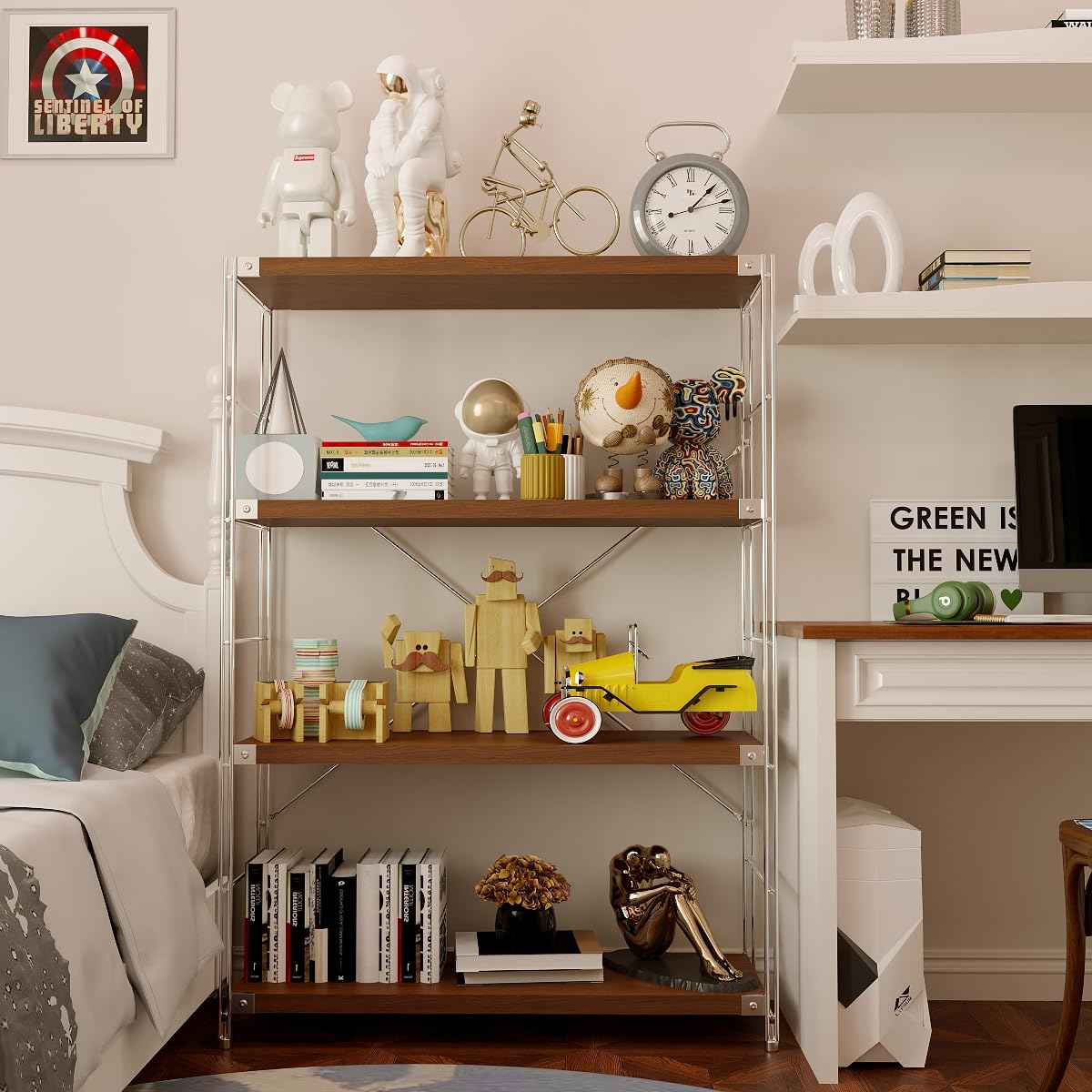 Achene 4-Tier Industrial Bookshelf, Storage Bookcase for Living Room, Bedroom, Office, Study Room,and Kitchen, 35.43"x11.81"x51.18" Inches(Dark Walnut, 4T36IN)