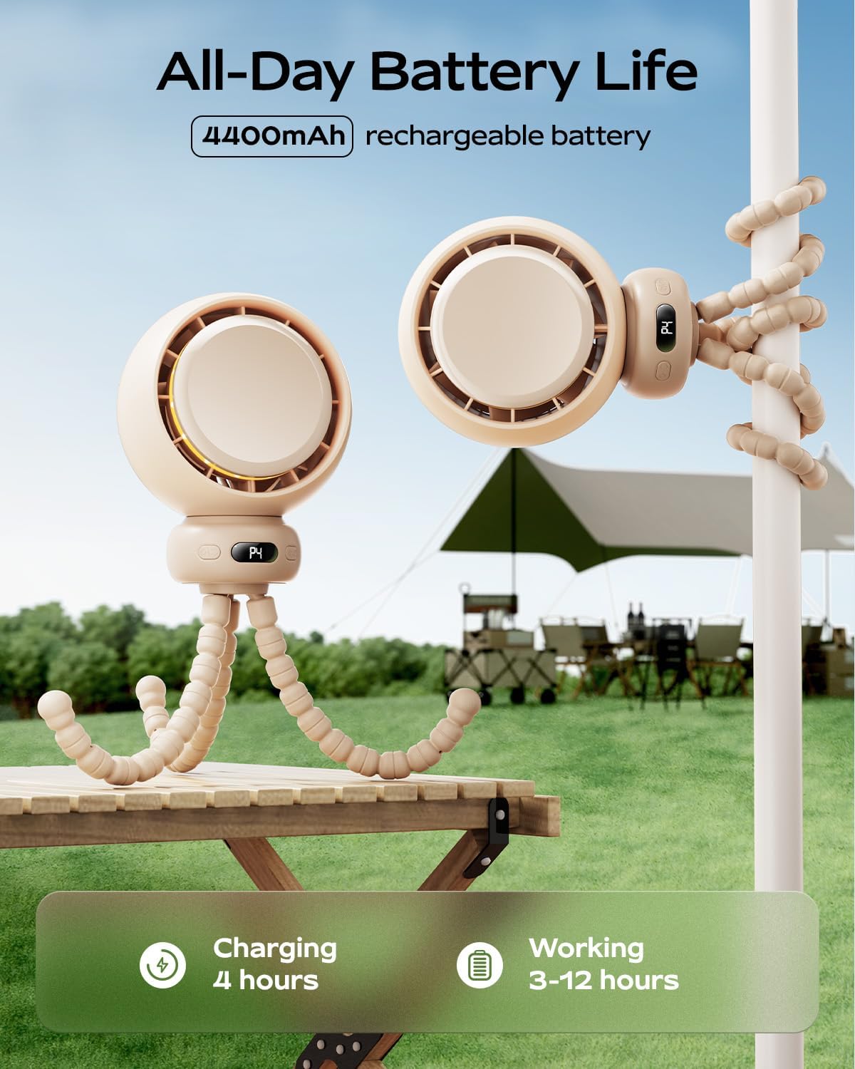 Skiennix Mini Portable Stroller Fan - 60° Auto Oscillation, USB-C Rechargeable, 4 Speeds, Night Light & Tripod (Brown)