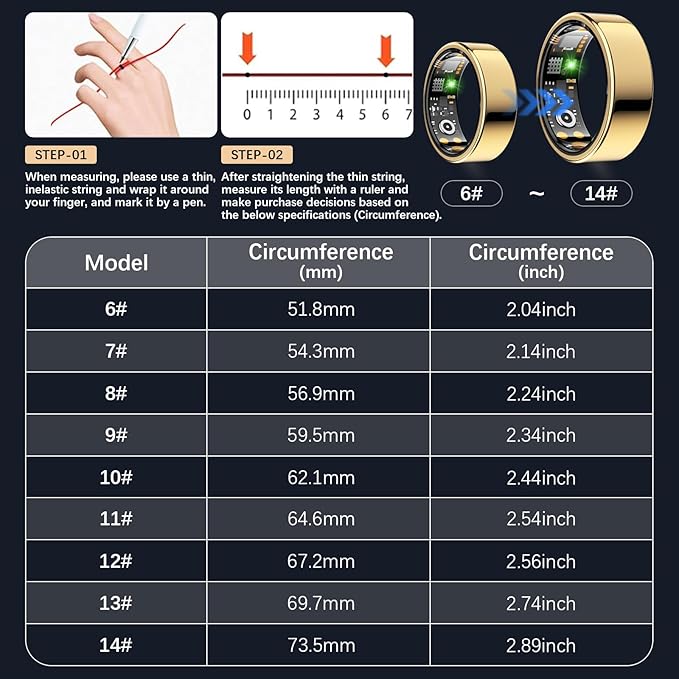 Smart Health Ring for Women Men, Fitness Tracker Ring with Heart Rate, Blood Oxygen, Sleep Tracker, Step Tracker, No Subscription Fee, IP68 Waterproof Smart Ring for iPhone & Android (Gold, 8#)