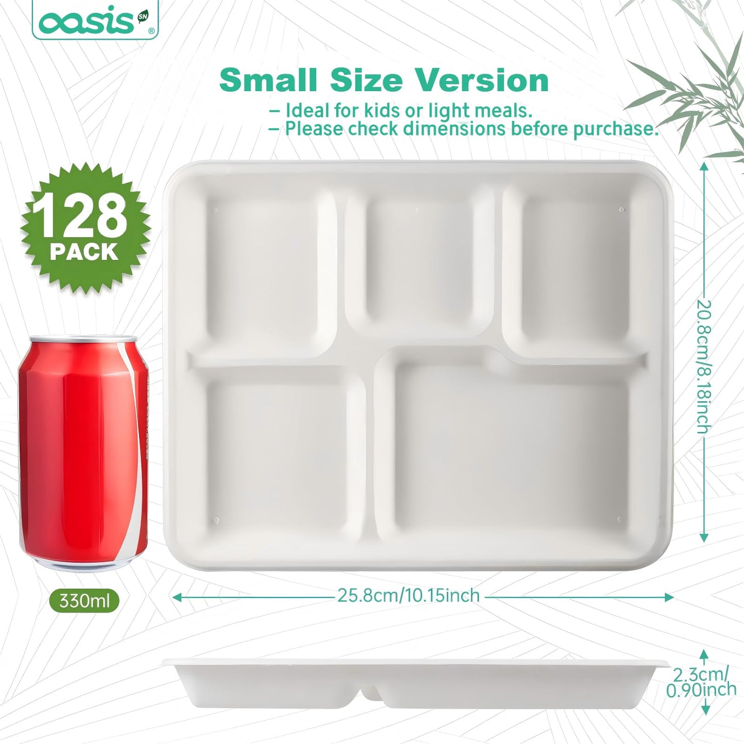 OasisSN 10x8 128-Pack 5-Compartment Divided Plates, Ideal for Light Meals, Kids Lunch, Meal Prep & Party, Heavy Duty Compostable Bagasse Plates, Microwave Safe, White