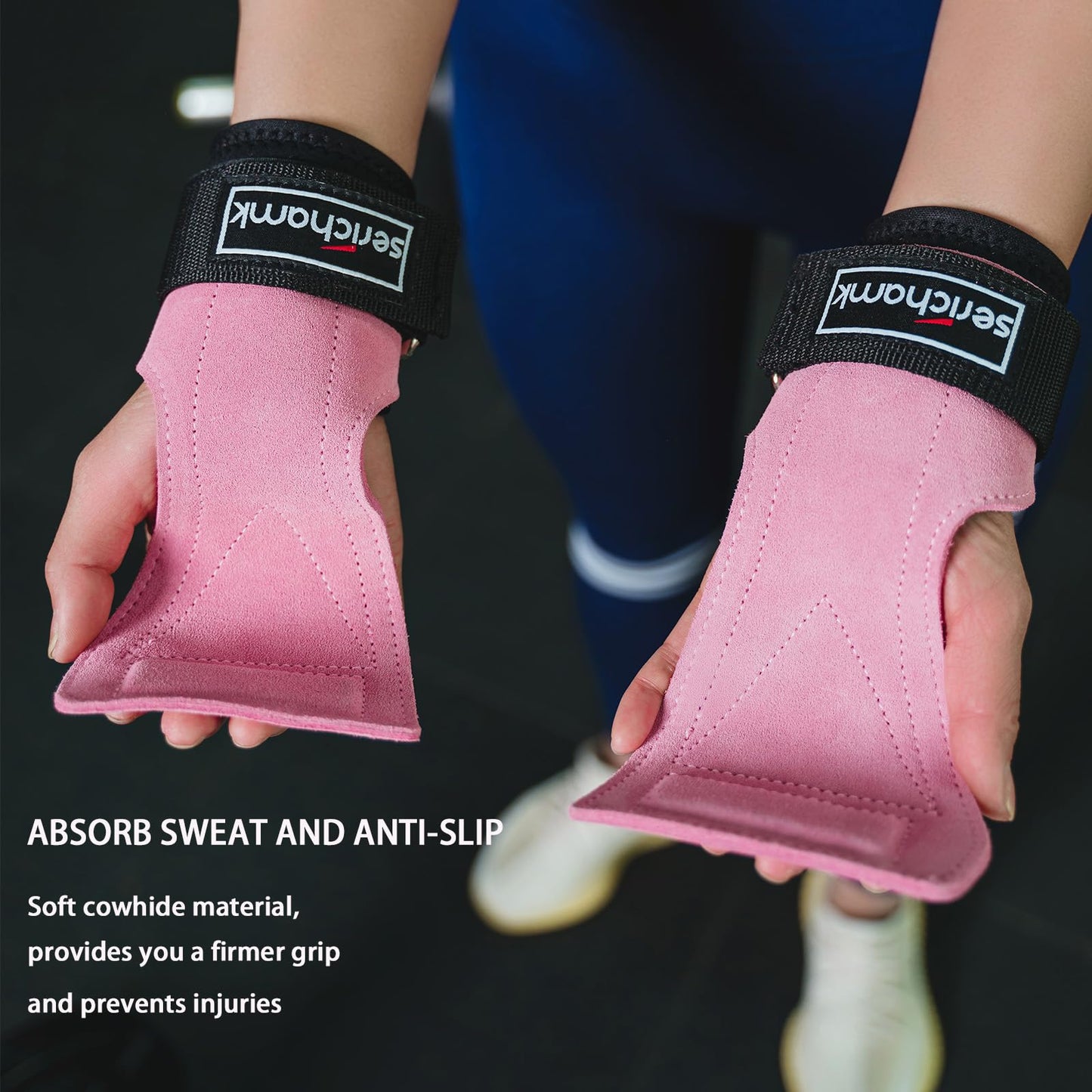 Serichamk Wrist Straps for Weightlifting with Wrist Wraps,Leather Weight Lifting Wrist Wraps Grip Assistance Deadlift Straps Workout Gym Straps for Men and Women Pink