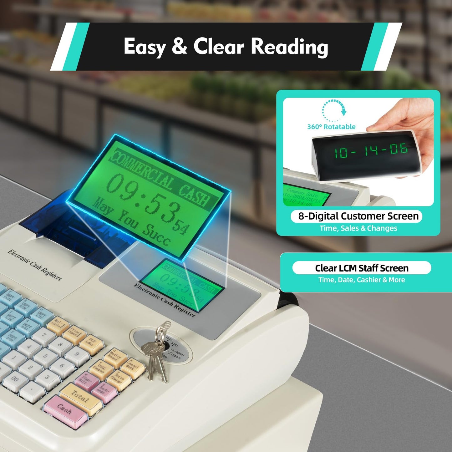 Rocoreny Commercial Electronic Cash Register with LED Display and Thermal Printer Function,48 Keyboard,Stainless Steel Drawer Coin Slot Multifunctional Cash Register for Shop (White, 48 Keyboard)
